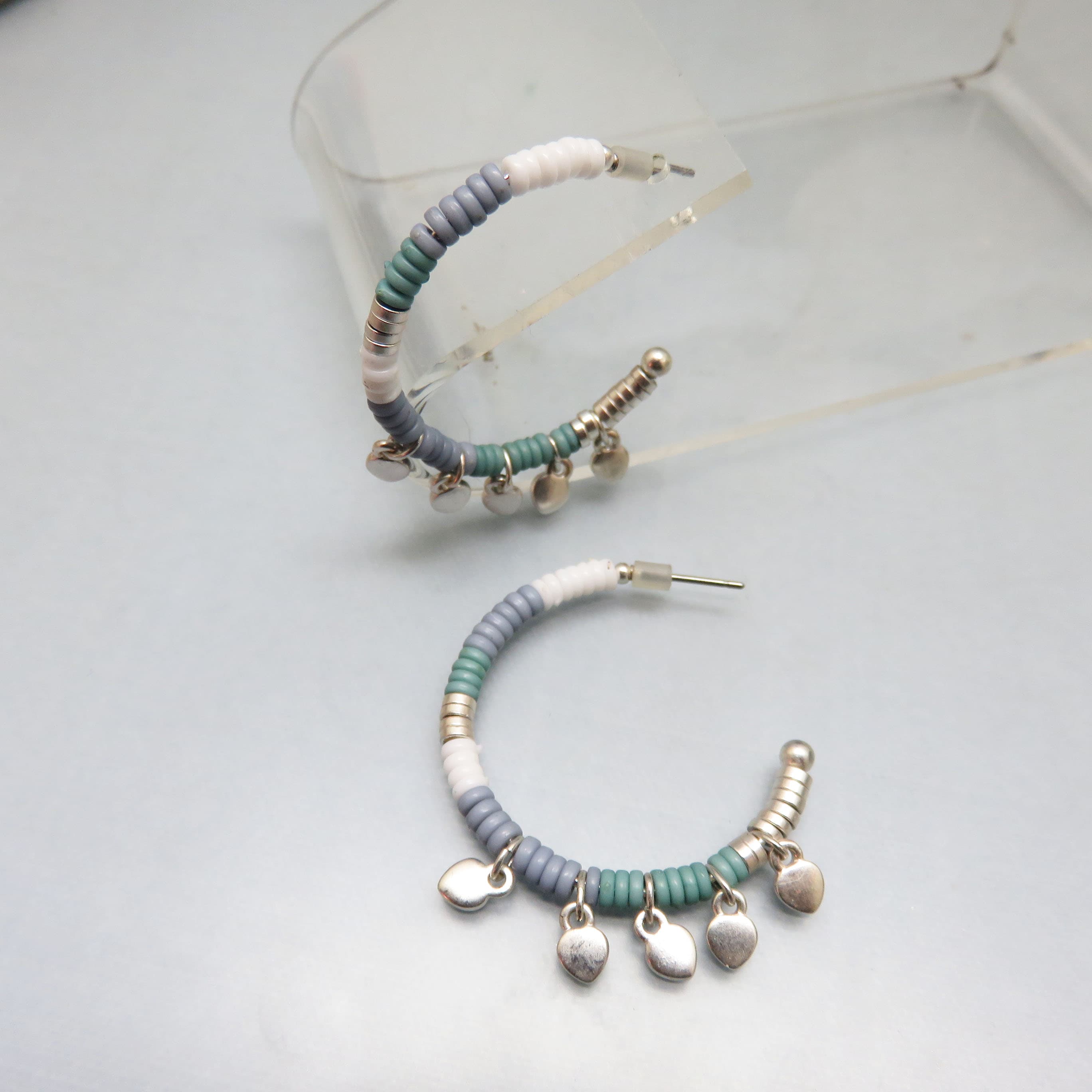 Pastel Heishi Bead Hoop Earrings, Silver Tone Heart Charm Hoops, Boho Beach Style Pierced Earrings, Lightweight Everyday Jewelry