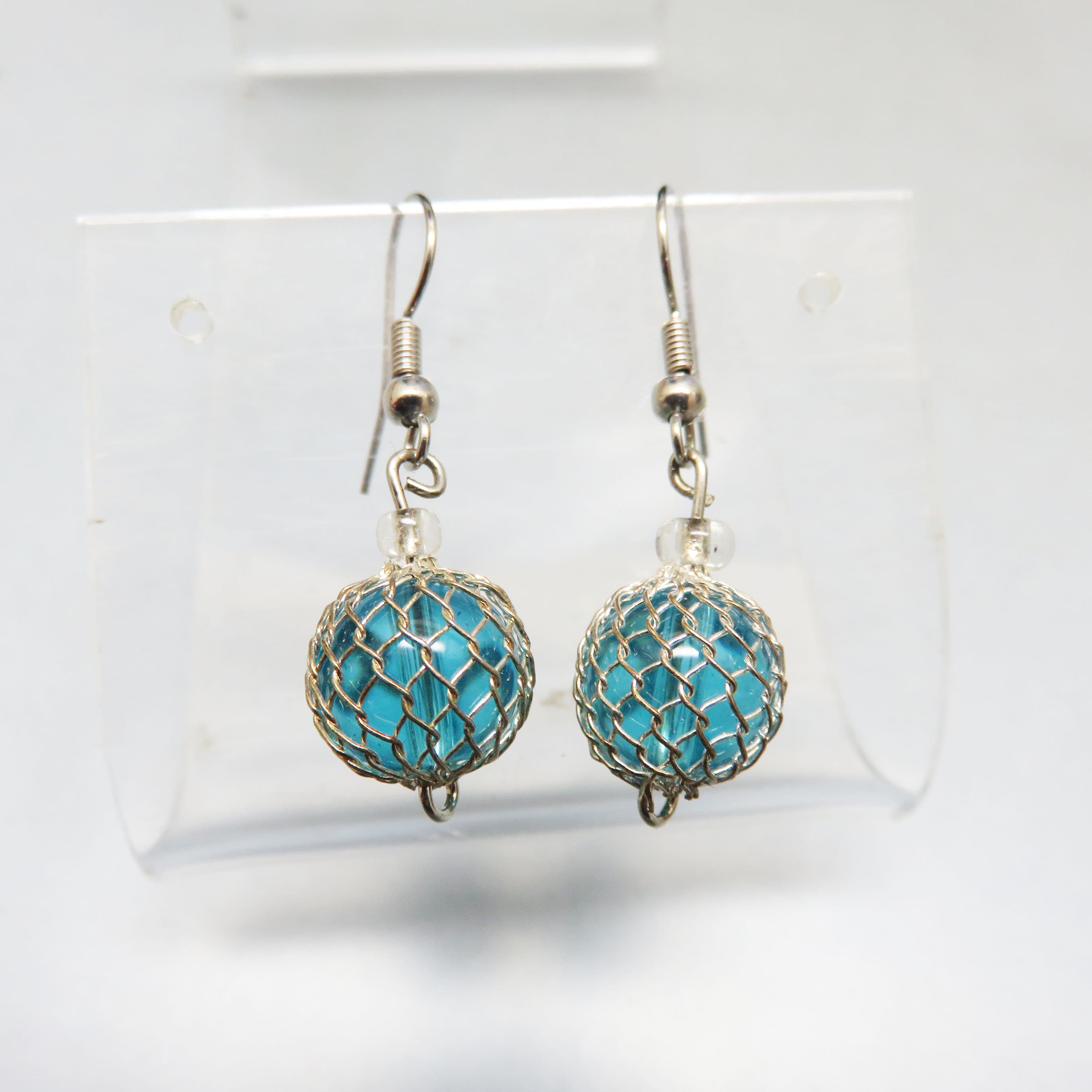 Blue Glass Net Float Earrings, Coastal Nautical Dangle Earrings, Wire Wrapped Glass Beads, Ocean Inspired Pierced Earrings