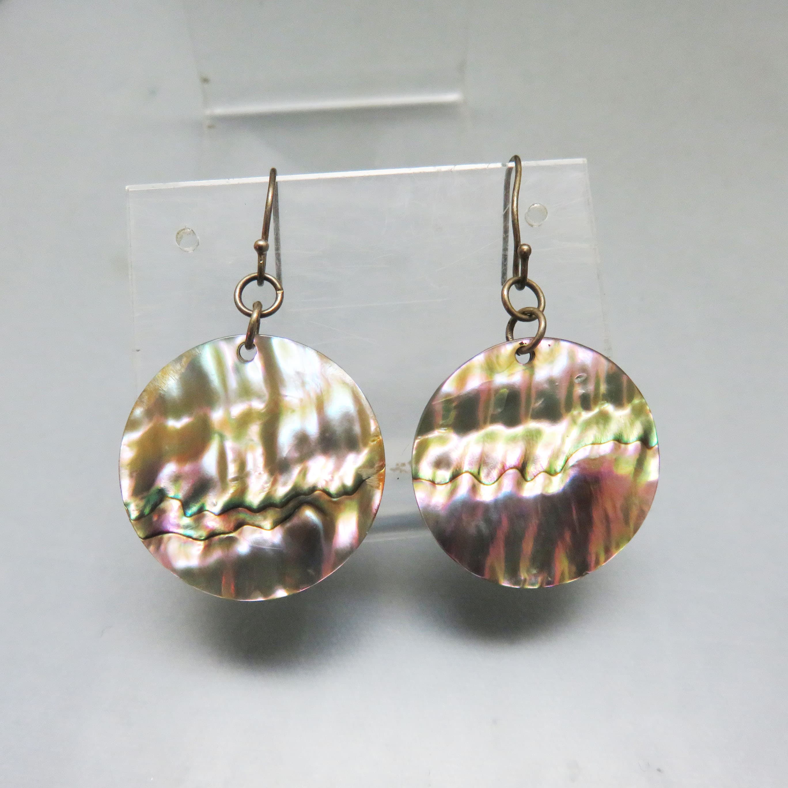 Vintage Abalone Shell Disc Earrings, Iridescent Mother of Pearl Dangles, Coastal Jewelry, Natural Shell Earrings