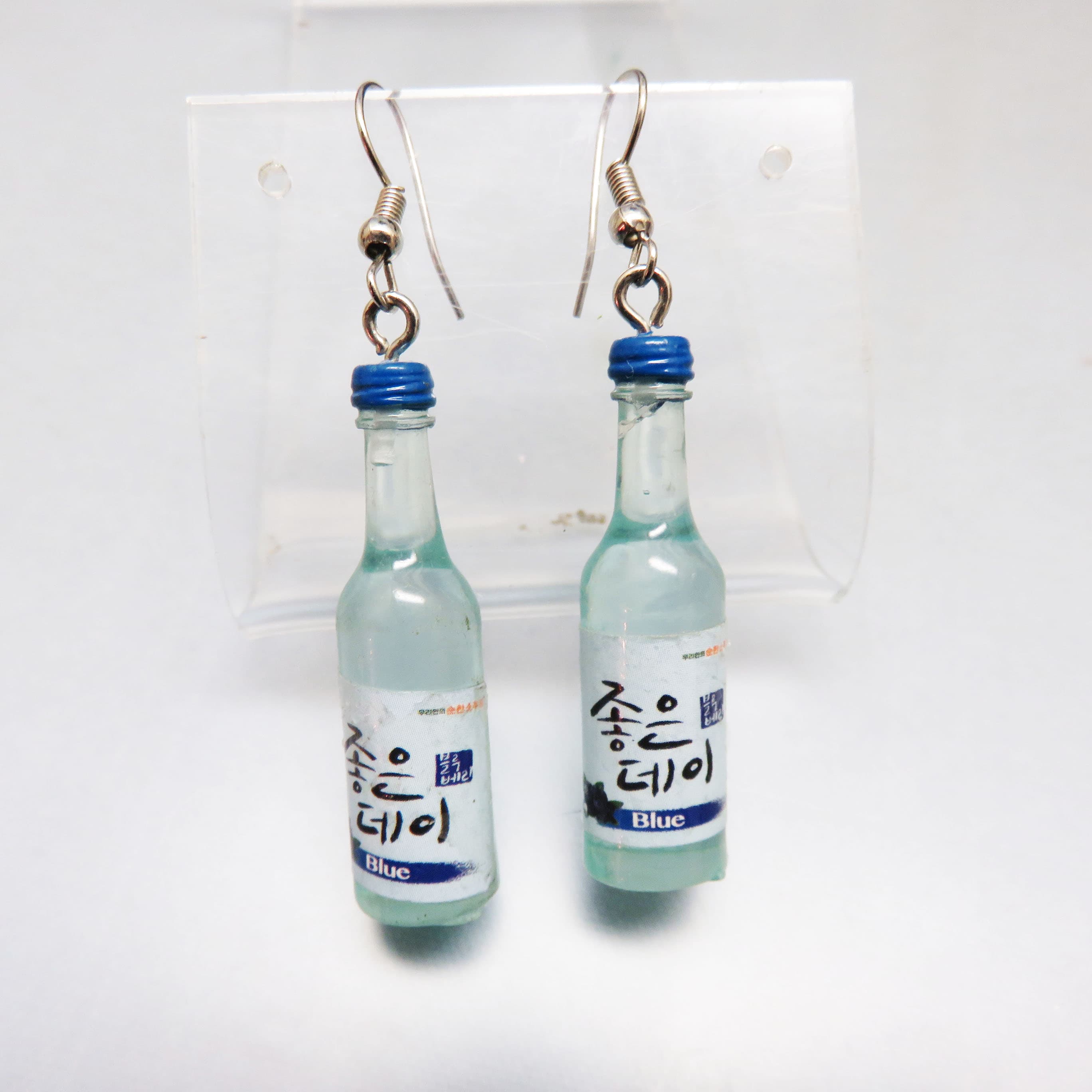 Miniature Korean Soju Bottle Earrings, Good Day Blue, Kawaii Food Jewelry, Novelty Dangle Earrings