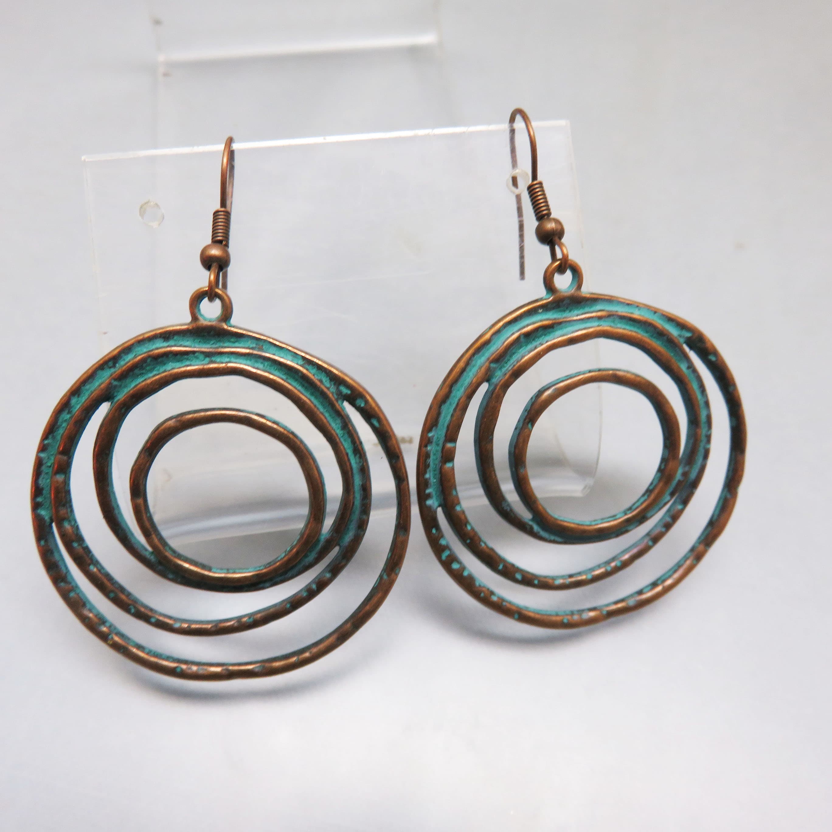 Patina Bronze Concentric Circle Earrings, Southwest Boho Dangle Earrings, Verdigris Copper Look French Hook Earrings