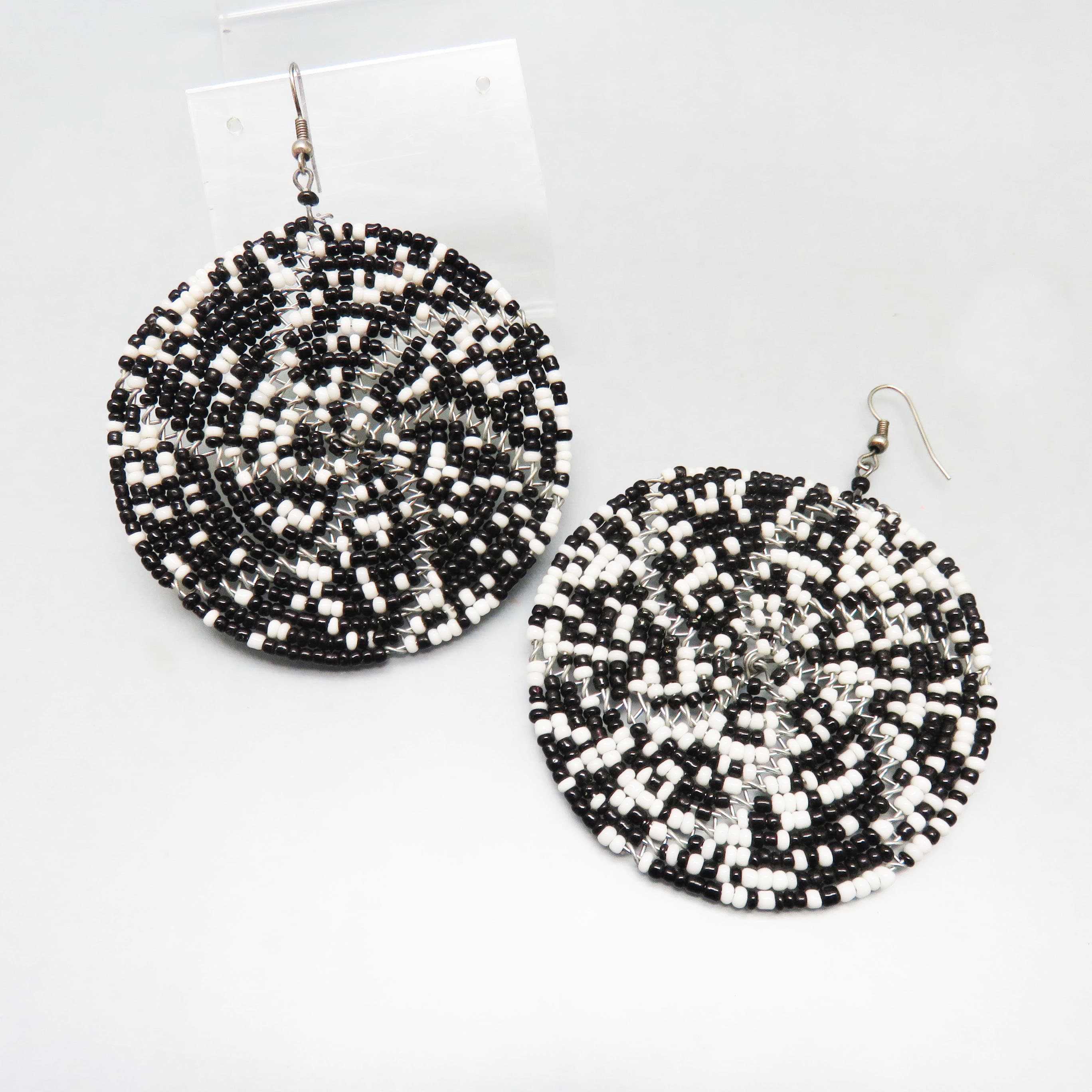 African Inspired Black and White Seed Bead Disc Earrings, Handwired Tribal Statement Earrings, Boho Dangle Earrings