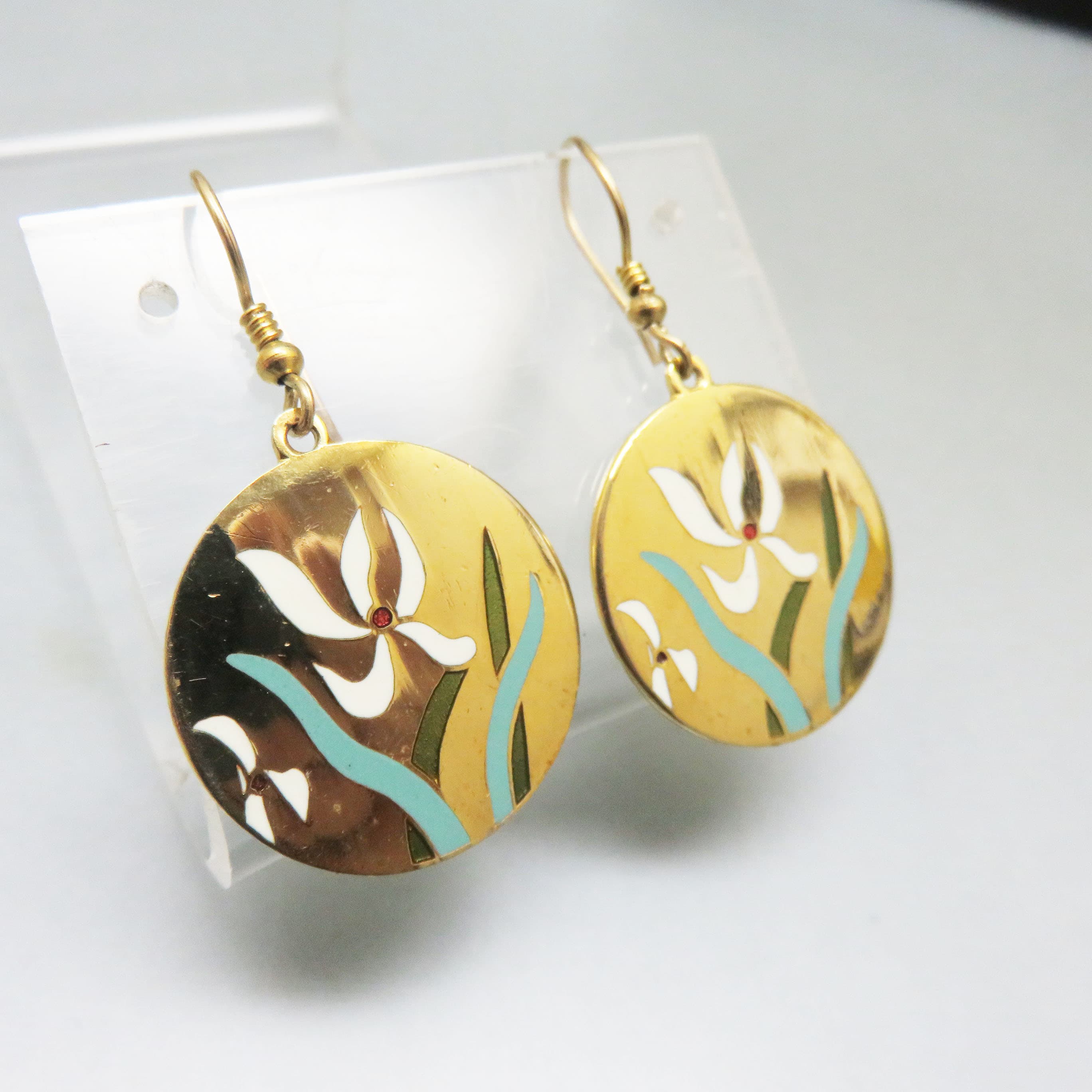 Vintage Goldtone Enamel Lily Disc Earrings, Art Nouveau Style Floral Dangle Earrings, White Flower French Hook Earrings, Nature's Garden