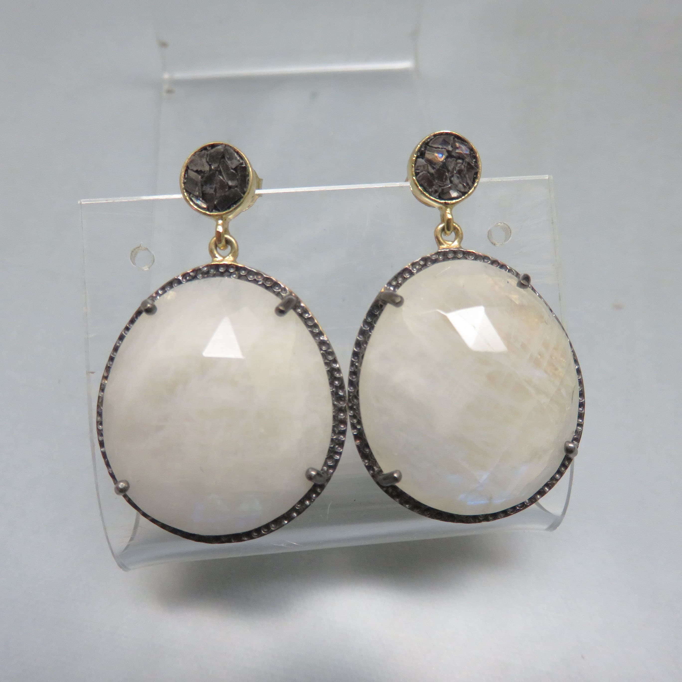 Faceted Rainbow Moonstone Drop Earrings, Goldtone Statement Earrings, Hematite Mosaic Studs, Indian Artisan Style