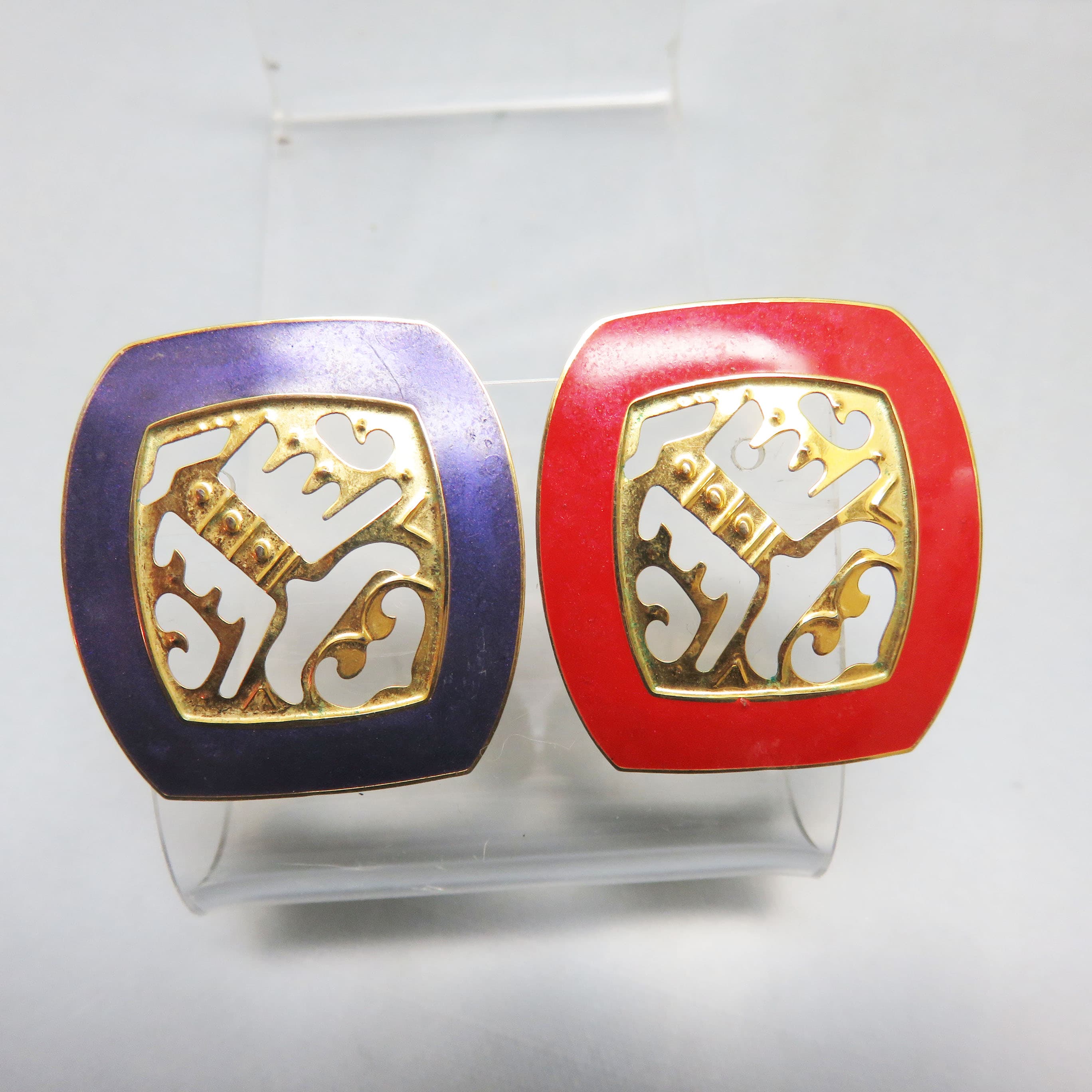 Edgar Berebi Mismatched Enamel Earrings, Designer Goldtone Statement Studs, Red and Purple Geometric Earrings, Designer Vault