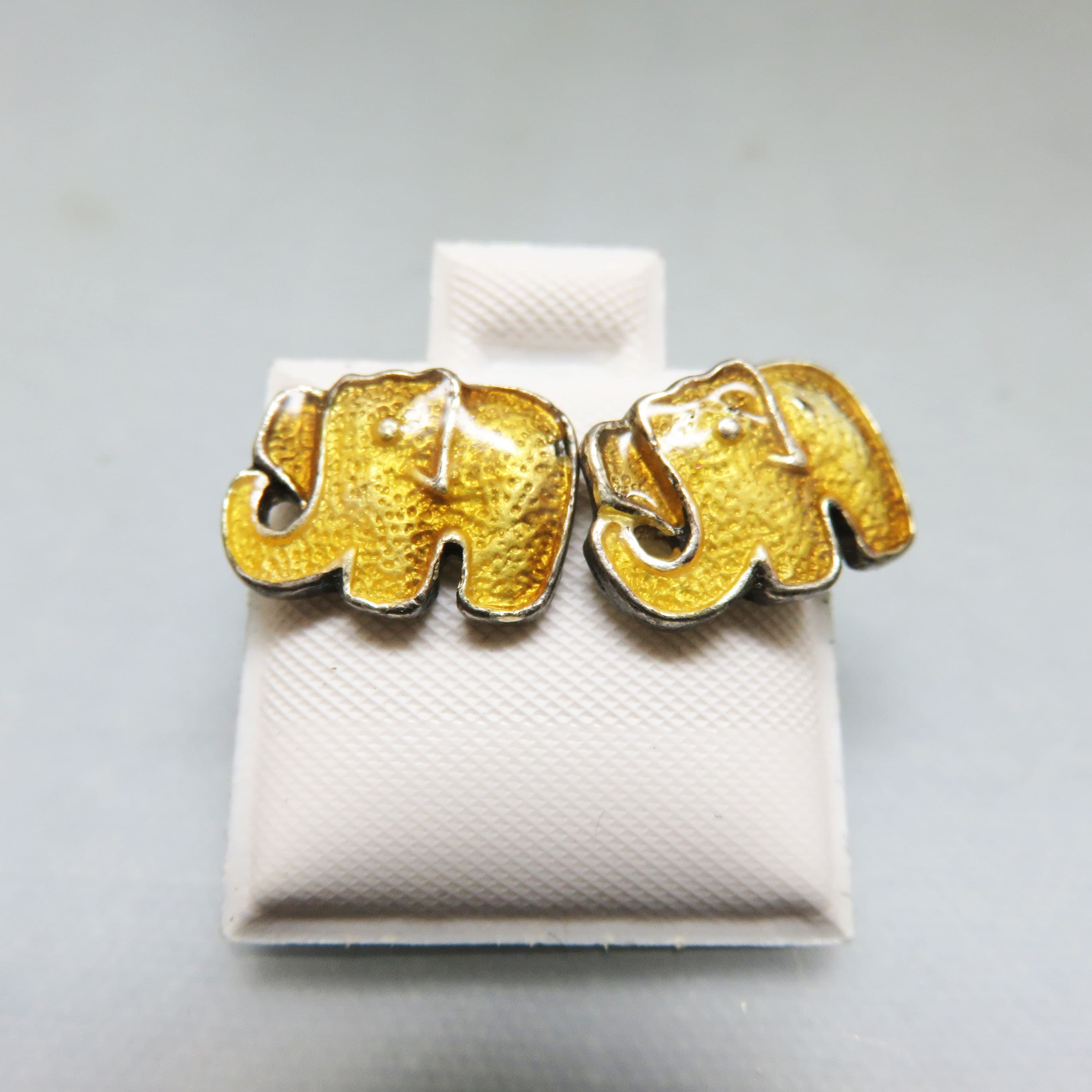 Vintage Gold Enamel Elephant Stud Earrings, Lucky Elephant Posts, Safari Animal Jewelry, Tiny Textured Elephant Earrings