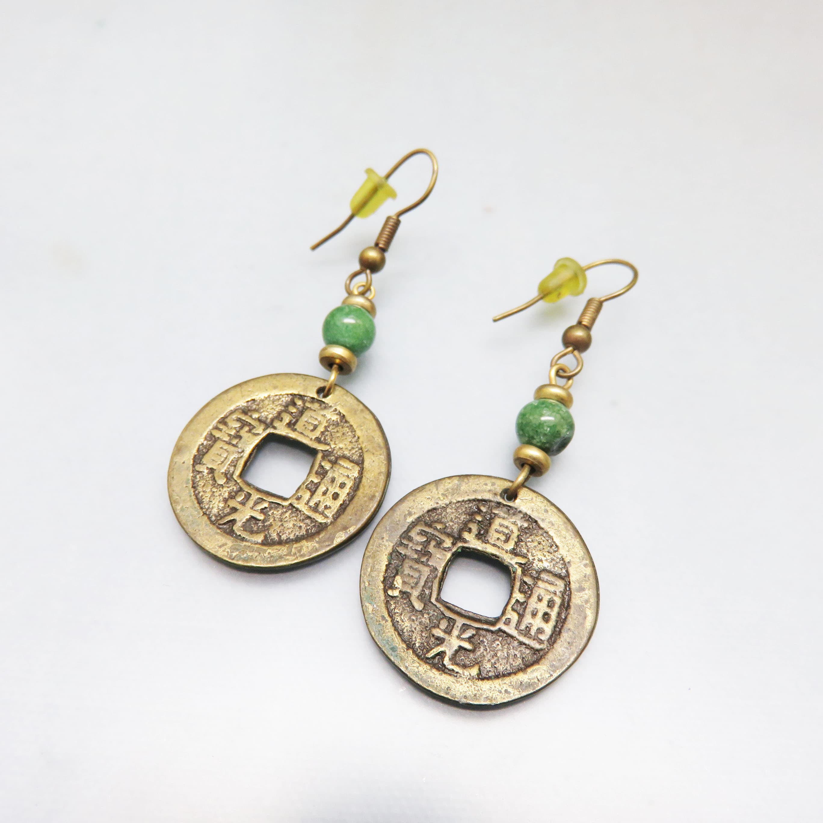 Chinese Good Fortune Coin Earrings, Presidium Tested Jadeite Beads, Lucky Feng Shui Dangle Earrings, Asian Inspired Jewelry