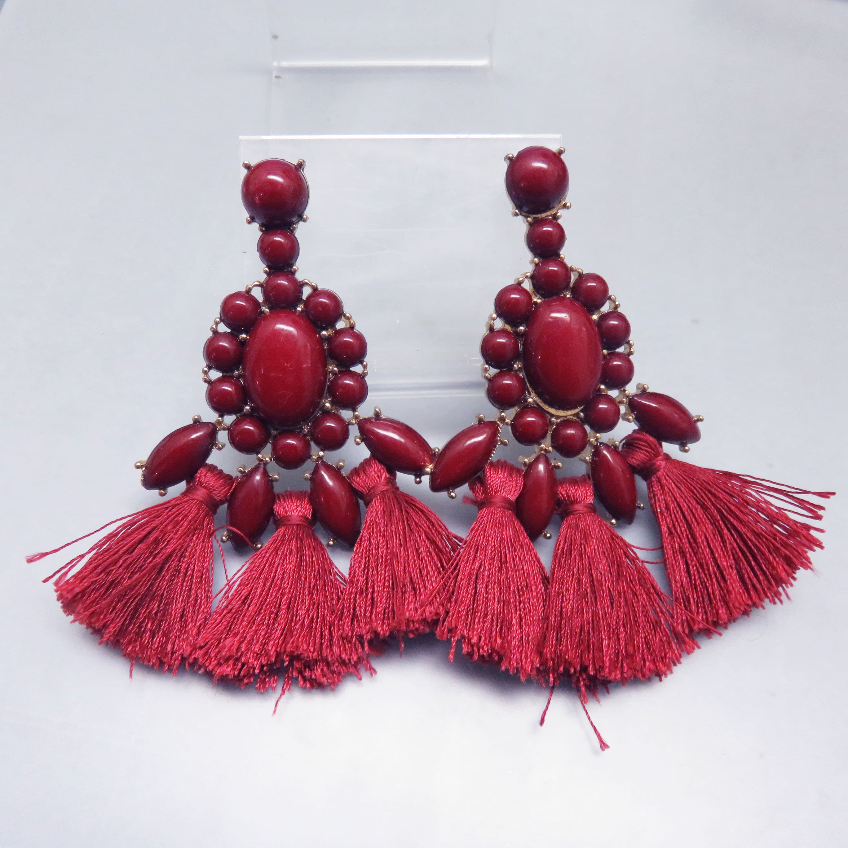 Burgundy Fiesta Tassel Statement Earrings, Boho Chandelier Earrings, Maroon Fringe Earrings, Lightweight Festival Jewelry