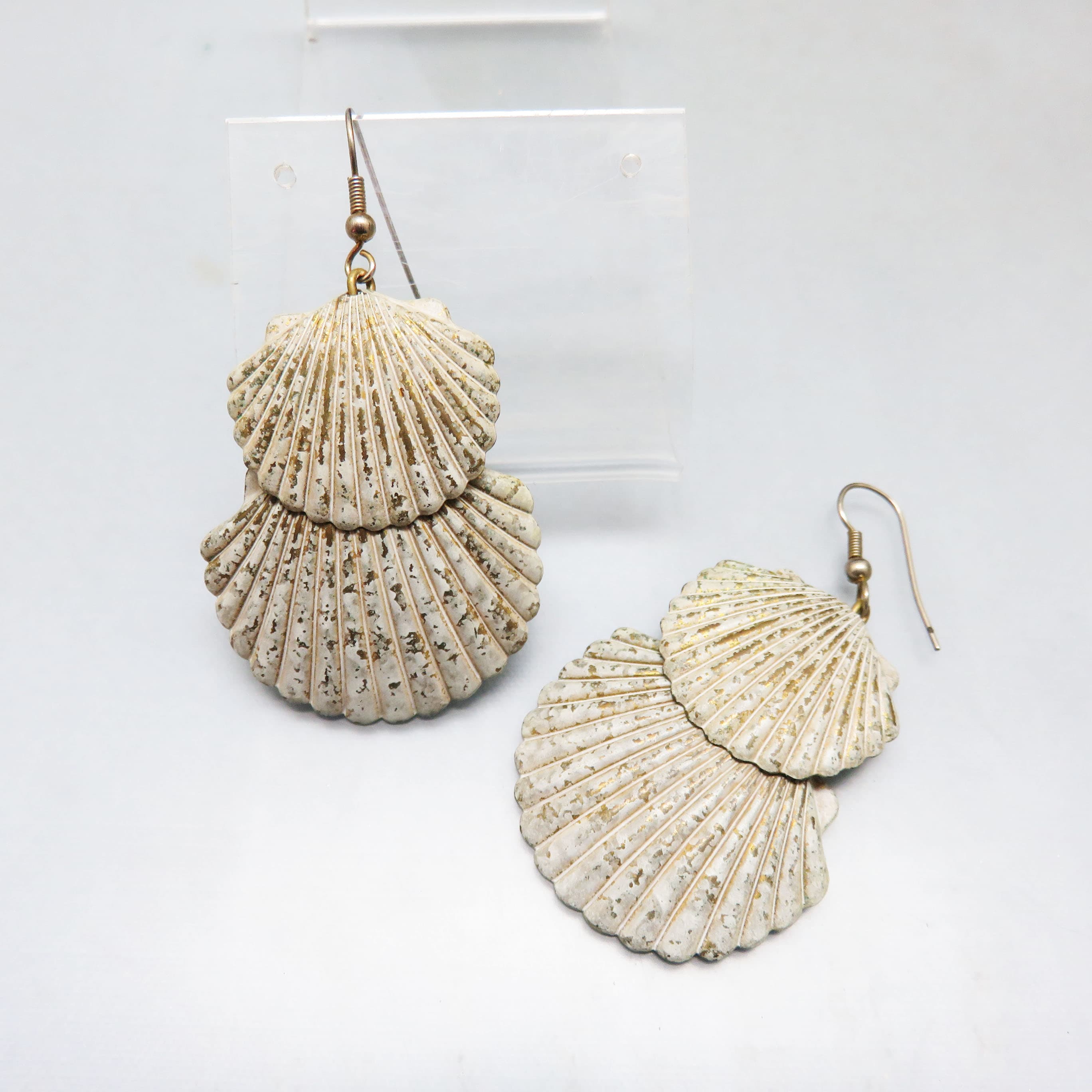 Layered Scallop Shell Earrings, Antiqued Cream Patina Metal, Coastal Statement Earrings, French Hook Beach Jewelry