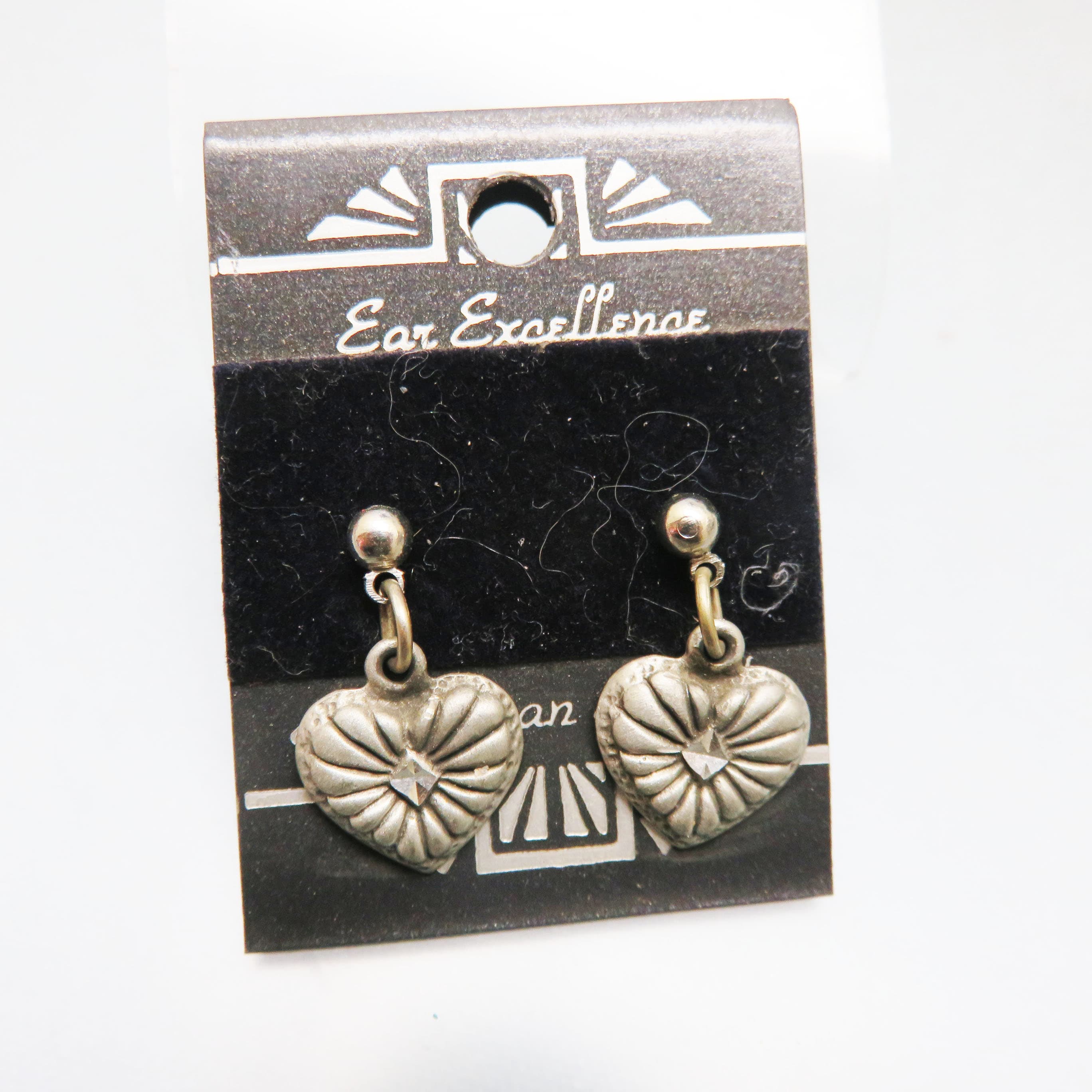American Made Lead-Free Pewter Puffed Heart Earrings, Mint on Card, Diamond Cut Heart Posts, Western Style Jewelry