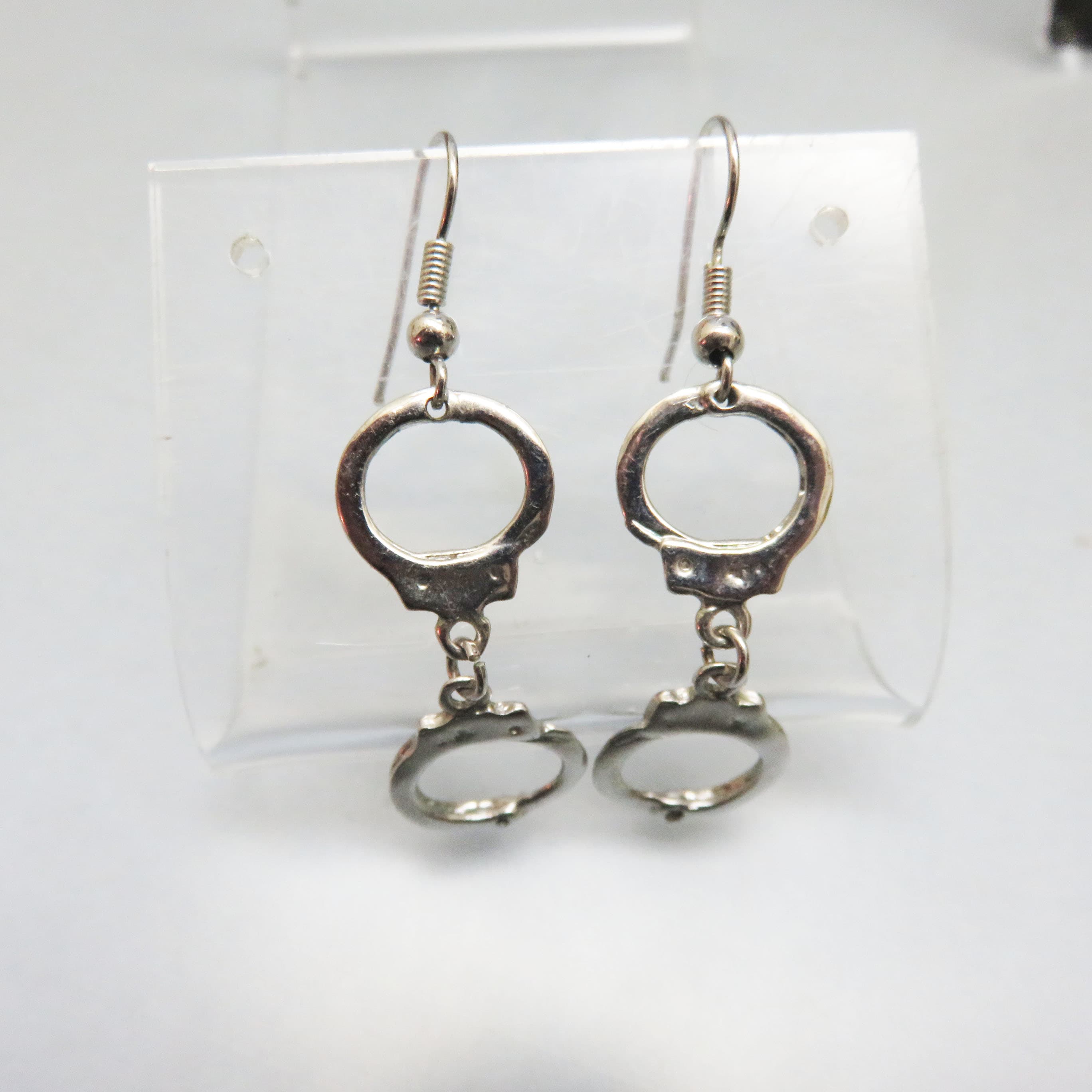 Vintage Silvertone Handcuff Earrings, Novelty French Hook Dangles, Police Cuff Earrings, Whimsical Statement Jewelry
