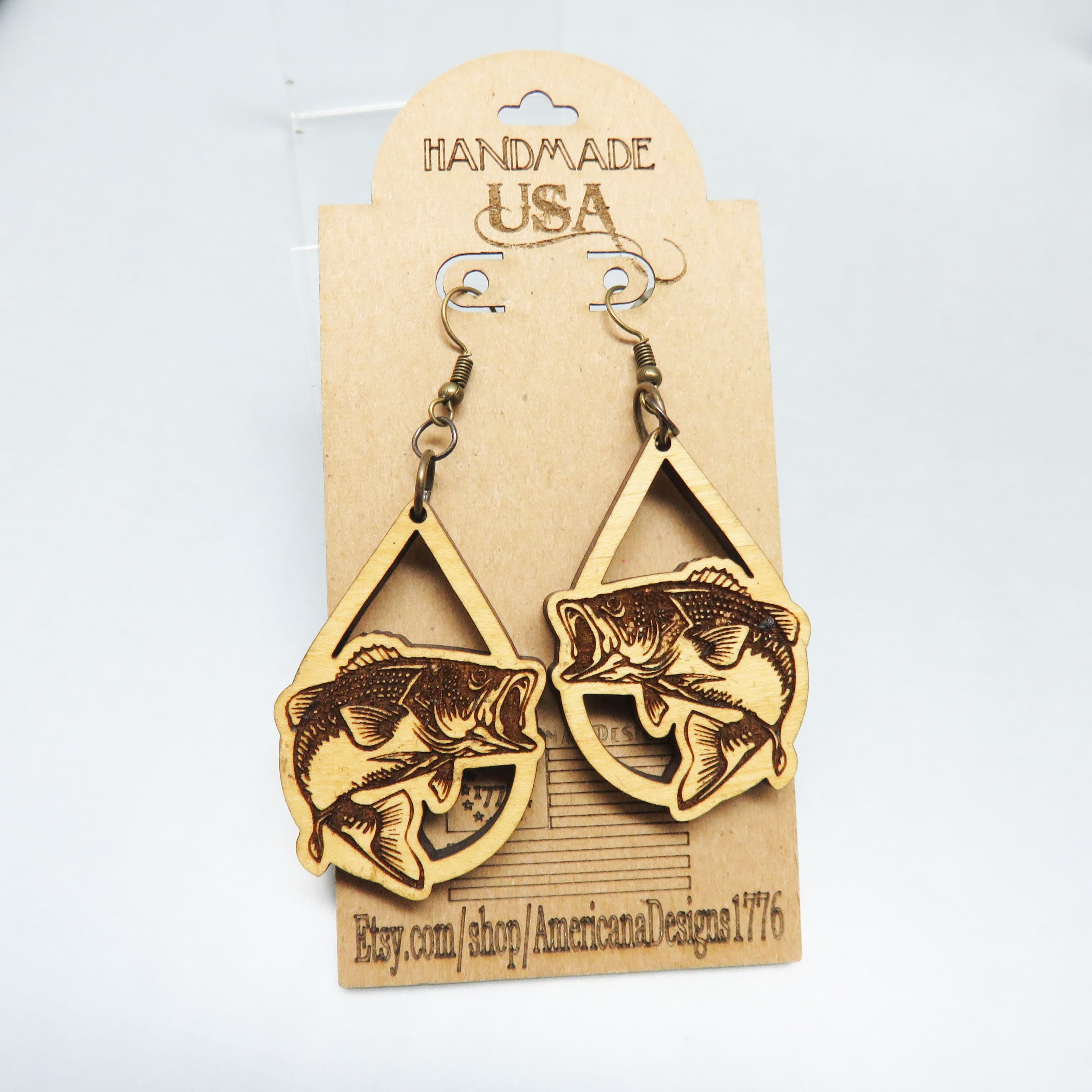 Handmade USA Wooden Largemouth Bass Earrings, Laser Engraved Fish Dangle Earrings, Rustic Fishing Jewelry, Mint on Card