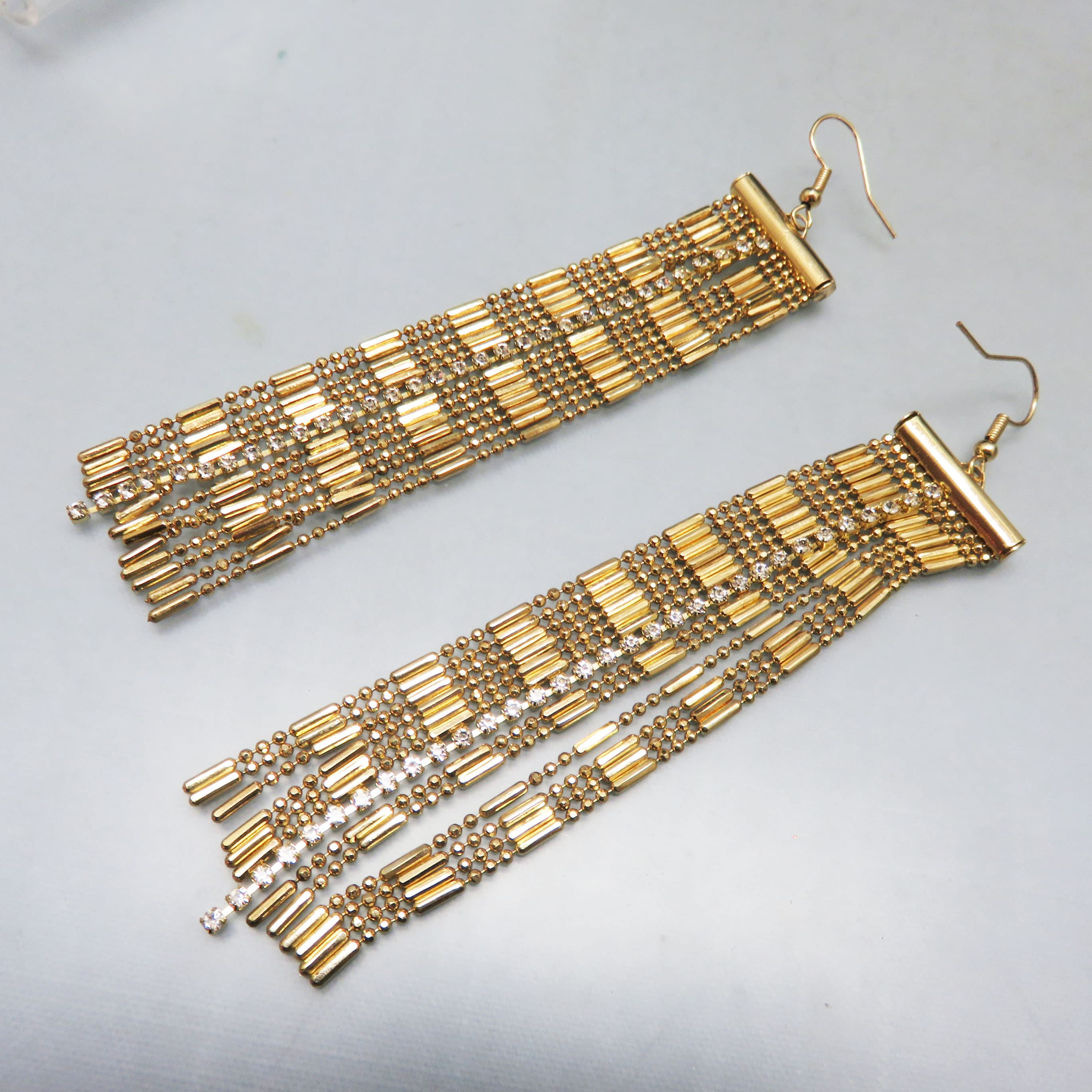 Vintage Goldtone Rhinestone Fringe Chandelier Earrings, Art Deco Revival Statement Earrings, Runway Glam Evening Jewelry