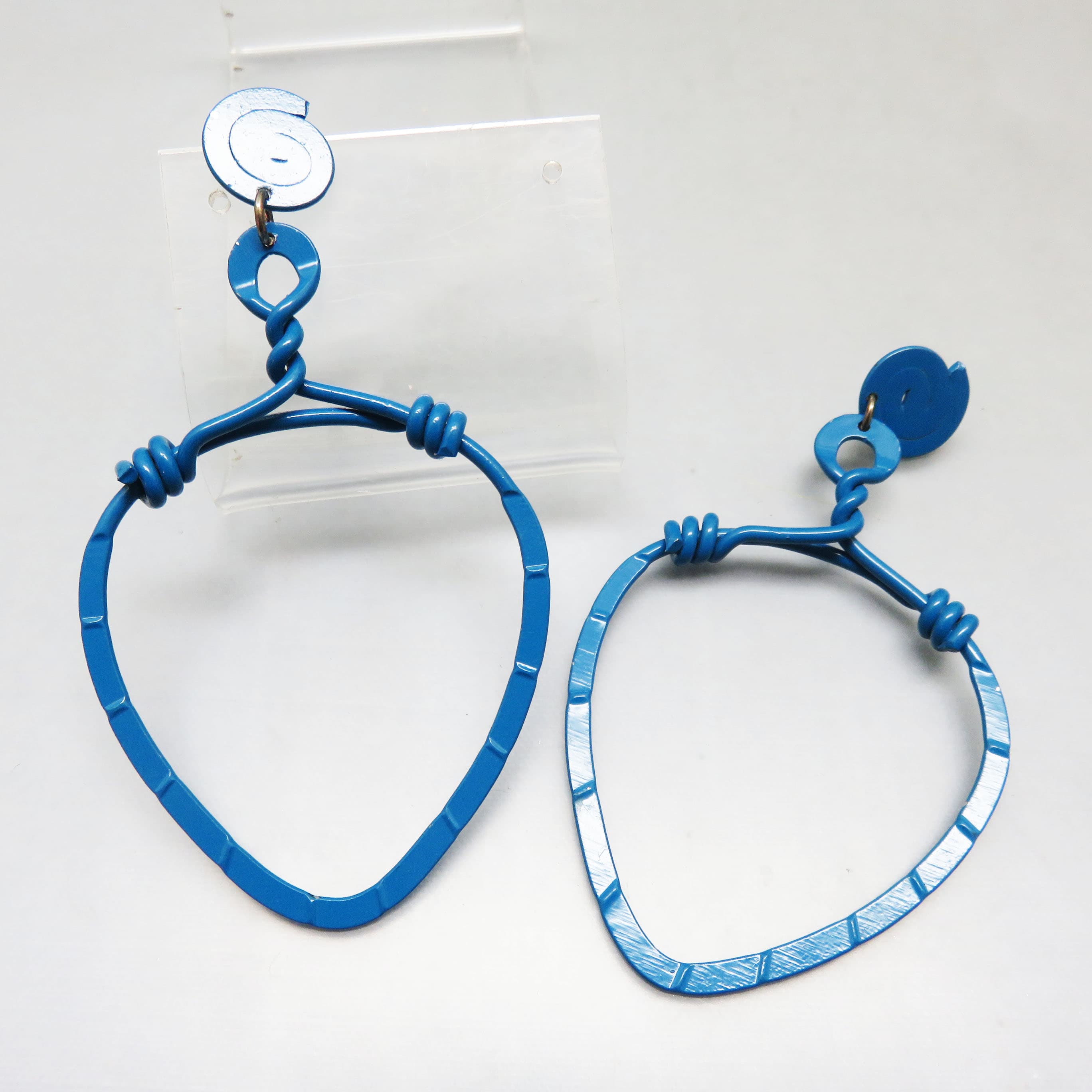 Vintage Bright Blue Wrapped Wire Hoop Earrings, Geometric Statement Dangles, 1980s Modern Industrial Earrings