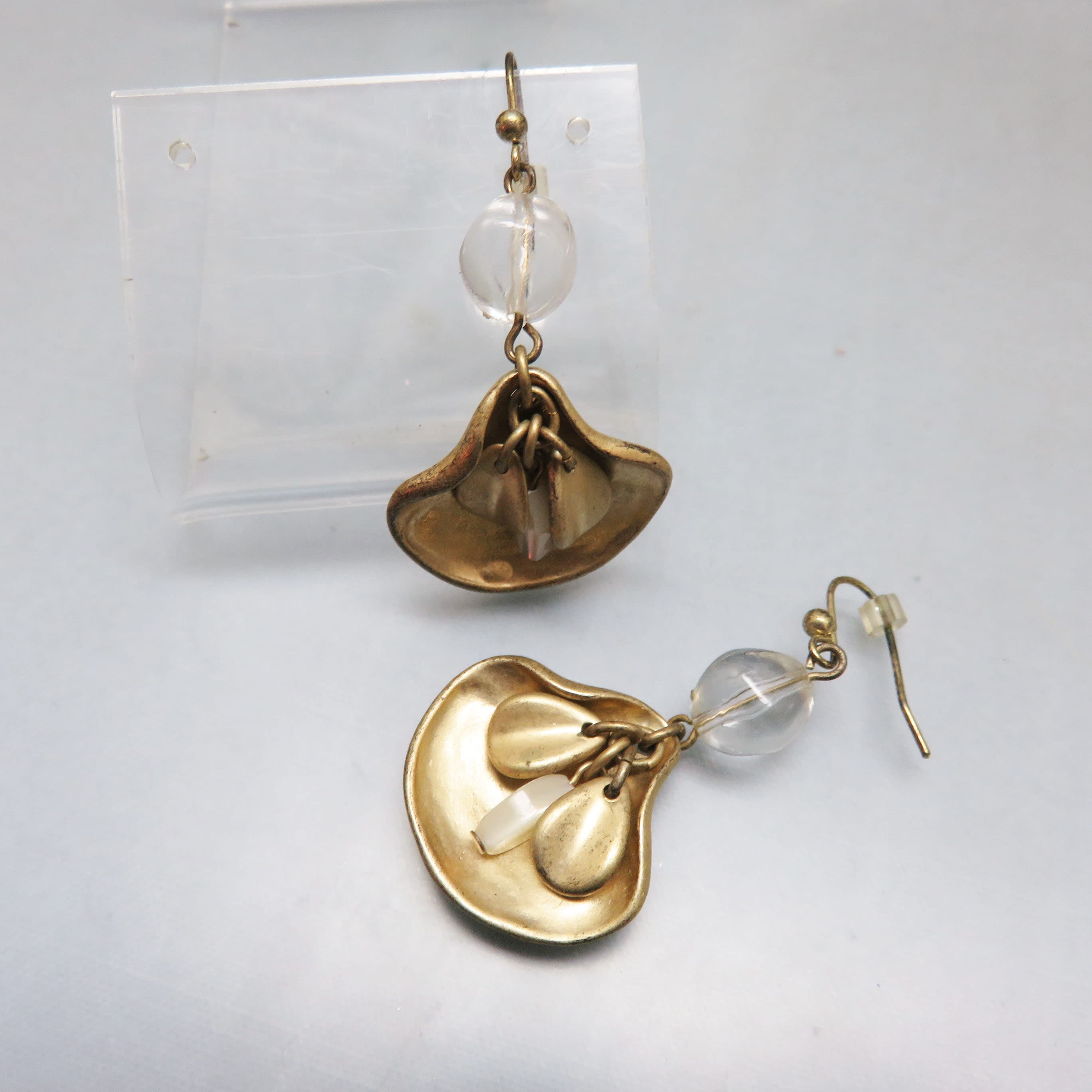 Signed Chico's Goldtone Organic Drop Earrings, Clear Acrylic Bead Dangles, Artisan Style French Hooks