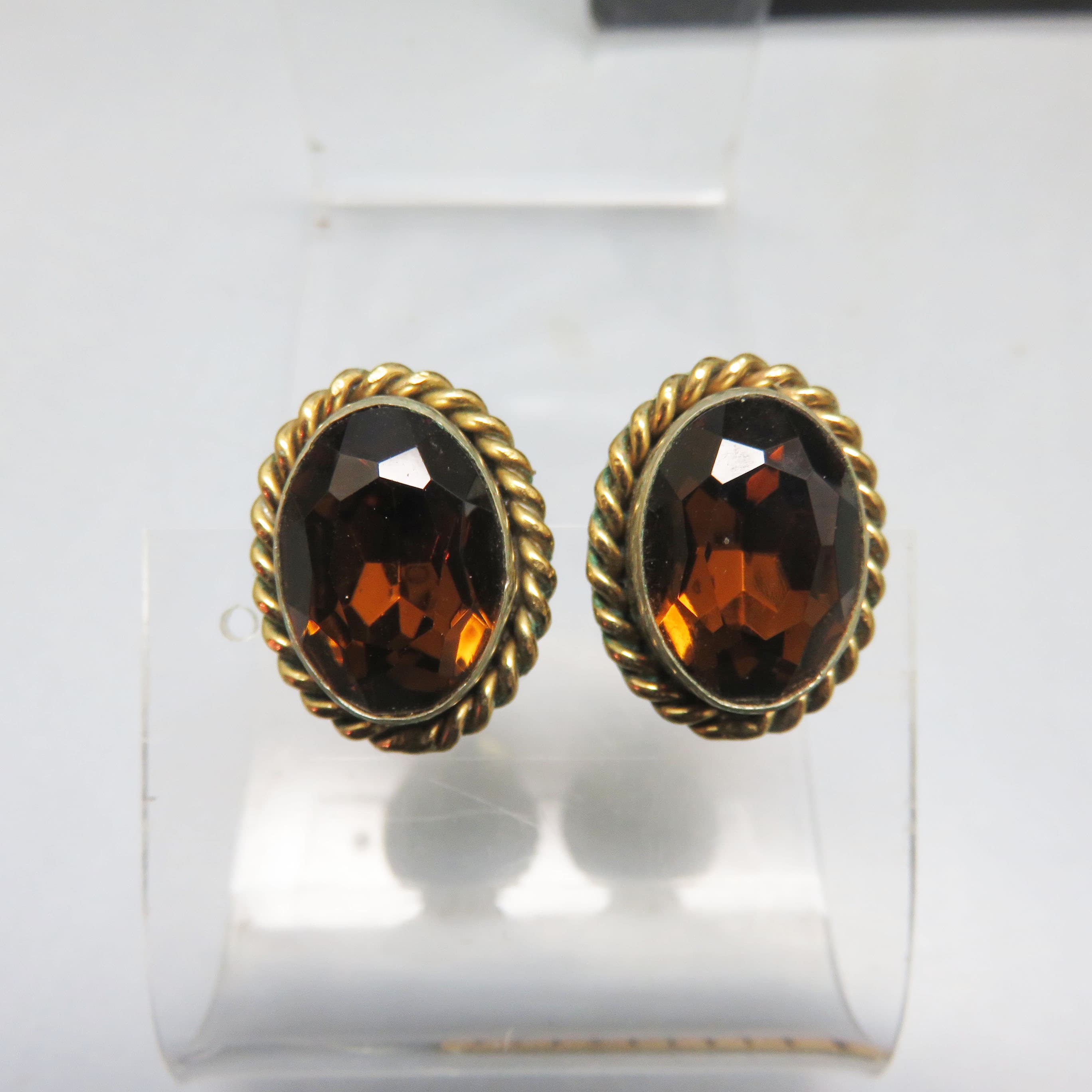 Vintage Root Beer Glass Oval Stud Earrings, Goldtone Rope Frame, Smoky Topaz Brown Faceted Posts