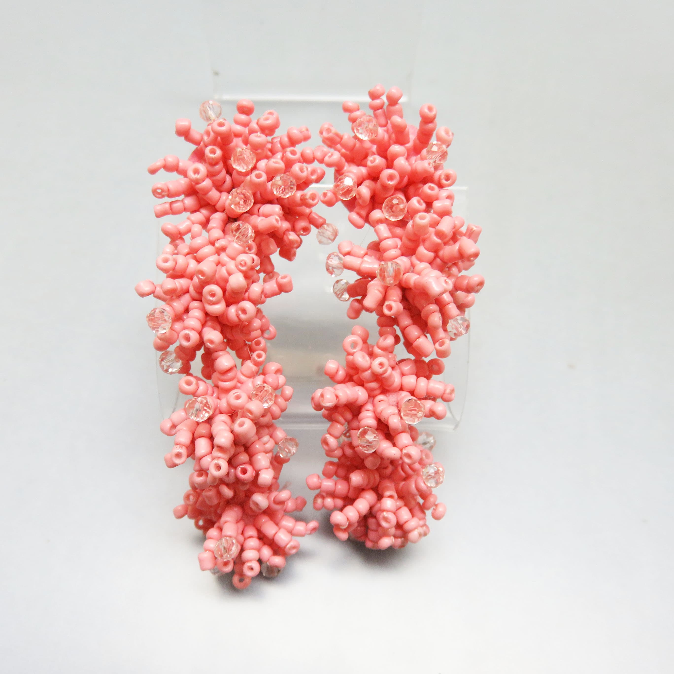Handmade Pink Coral Beaded Statement Earrings, Seed Bead & Crystal Post Dangles, OOAK Art Jewelry