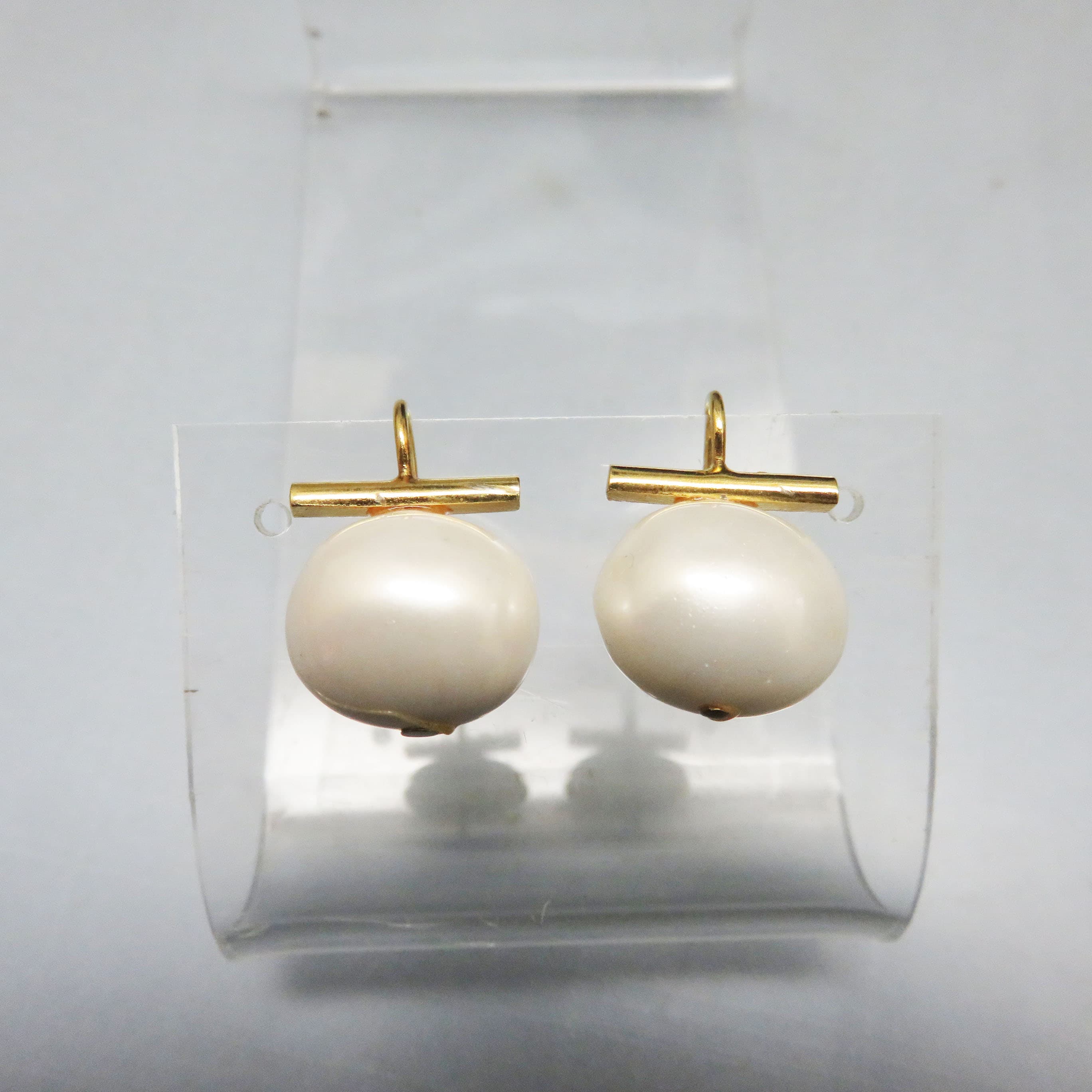 Minimalist Faux Pearl T-Bar Earrings, Gold Tone French Hooks, Modern Vintage Classic