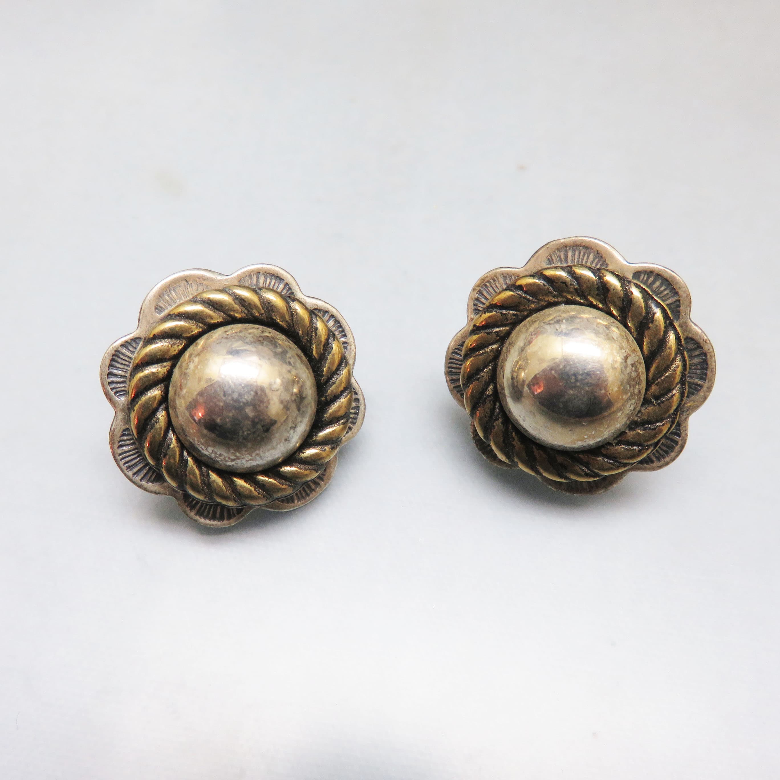 Southwestern Concho Post Earrings, Two Tone Gold & Silver Tone, Western Style Stud Earrings