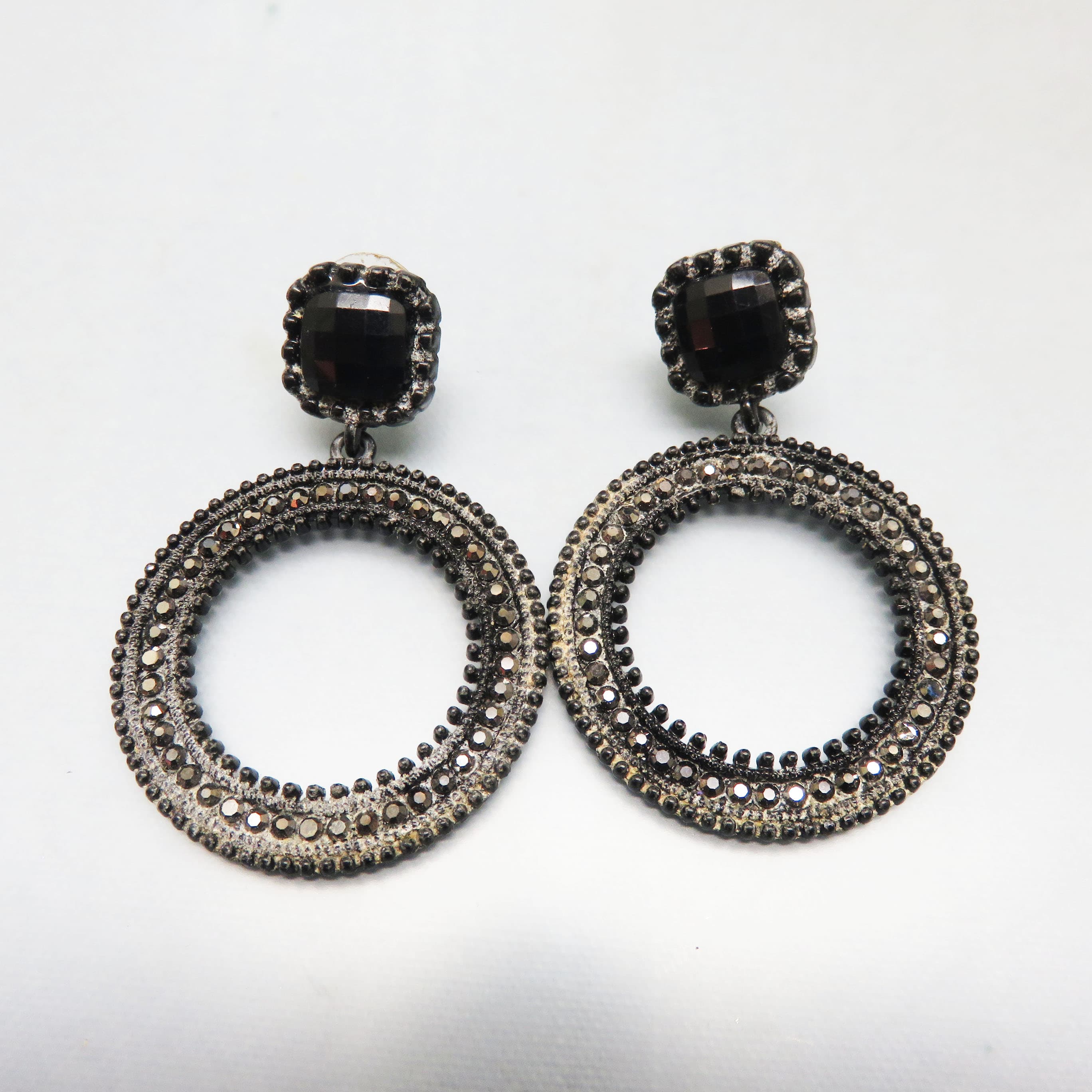 Black Crystal Open Hoop Earrings, Gunmetal Rhinestone Dangles, Vintage Evening Statement Earrings