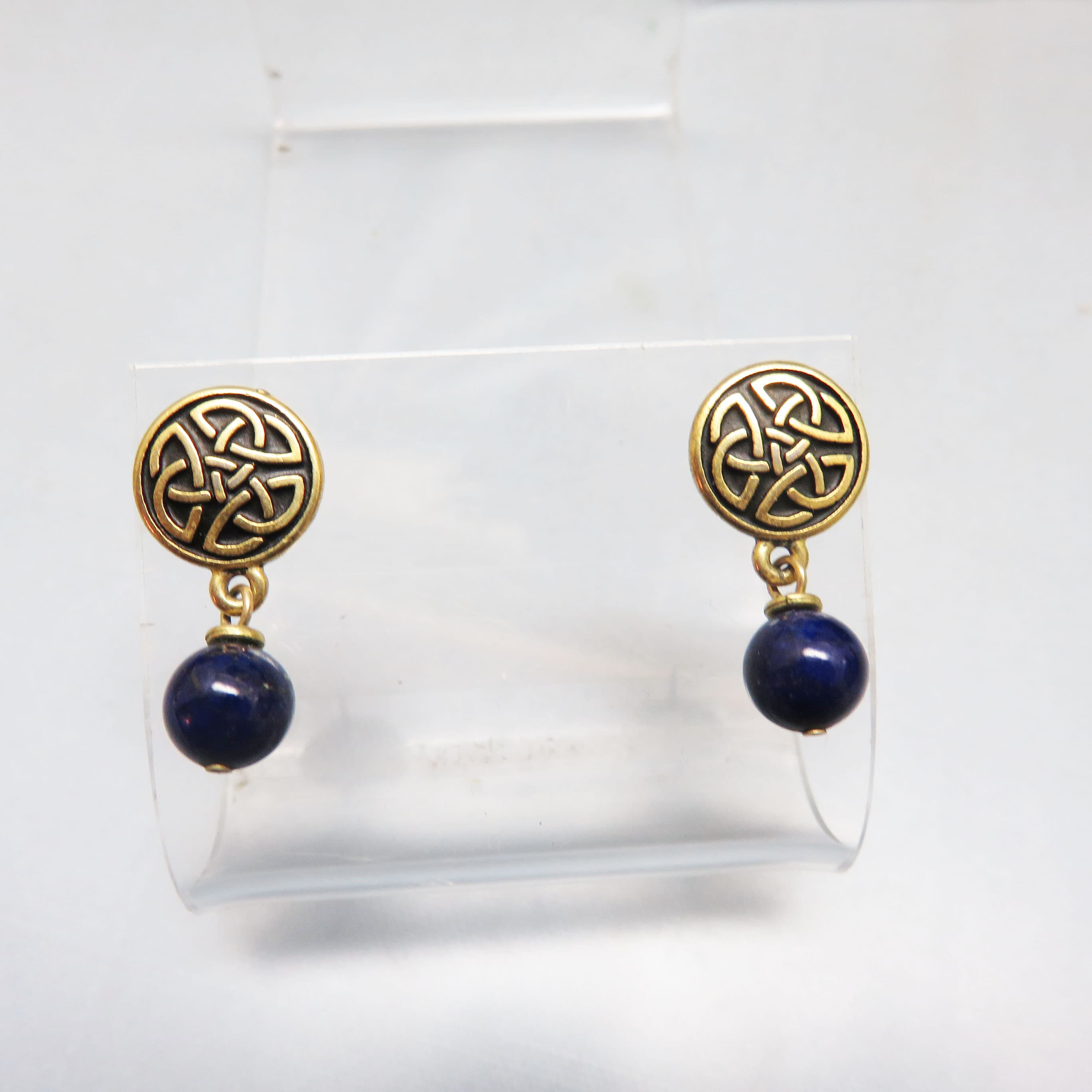 Celtic Knot Dangle Earrings, Lapis Blue Stone Beads, Goldtone Post Earrings, Petite Celtic Jewelry, Vintage Pierced Earrings