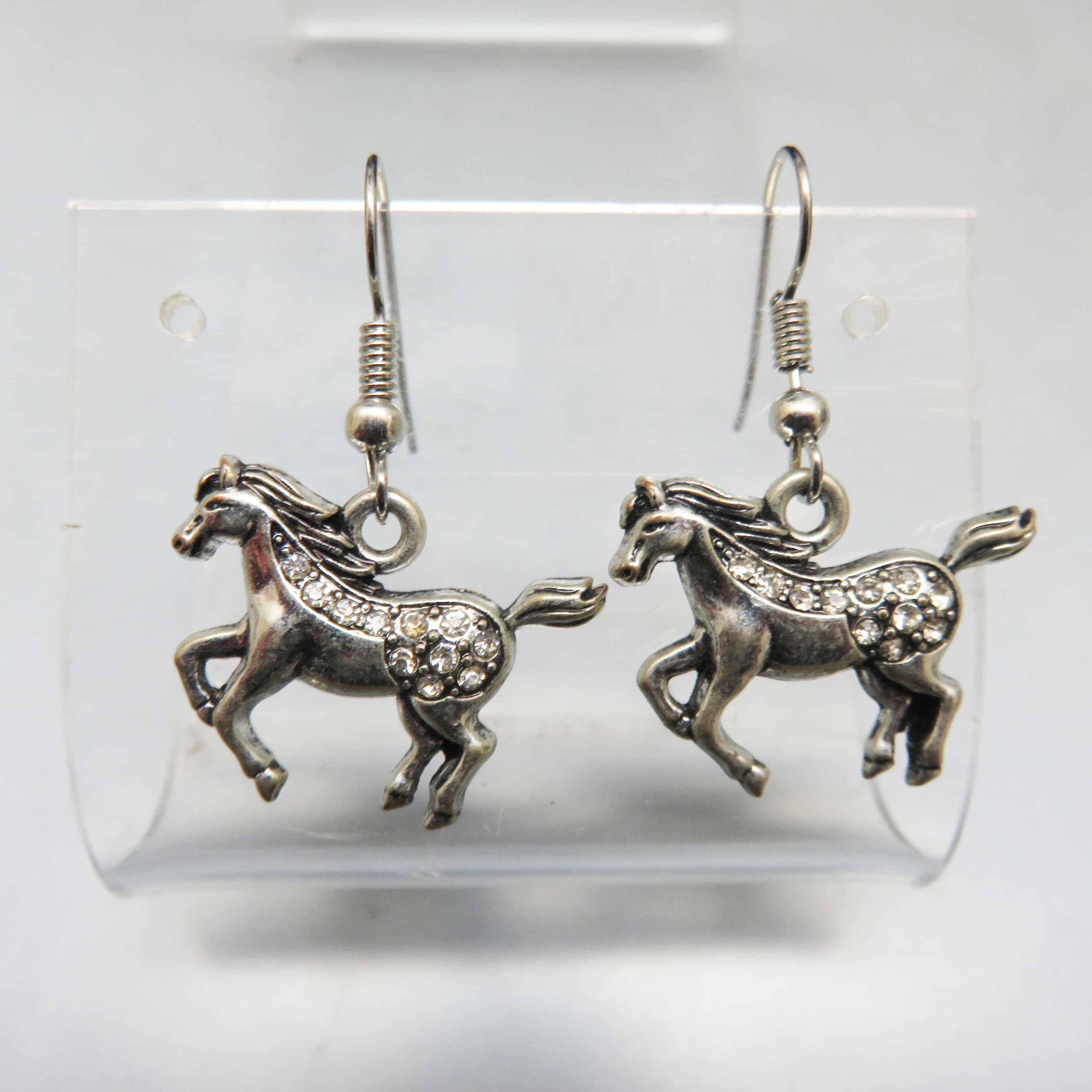 Vintage Silvertone Prancing Horse Rhinestone Earrings, Equestrian Dangle Earrings, Horse Lover Jewelry, Pierced French Hooks