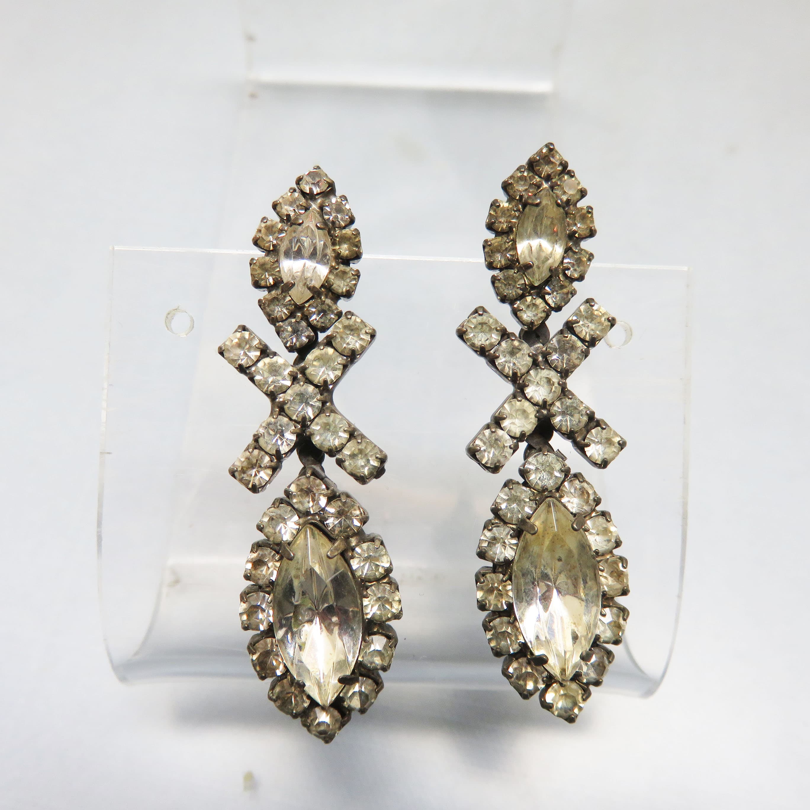 Vintage 1960s Clear Rhinestone Drop Earrings, Silver Tone Prong Set Navette Dangles, Mid Century Bridal Jewelry