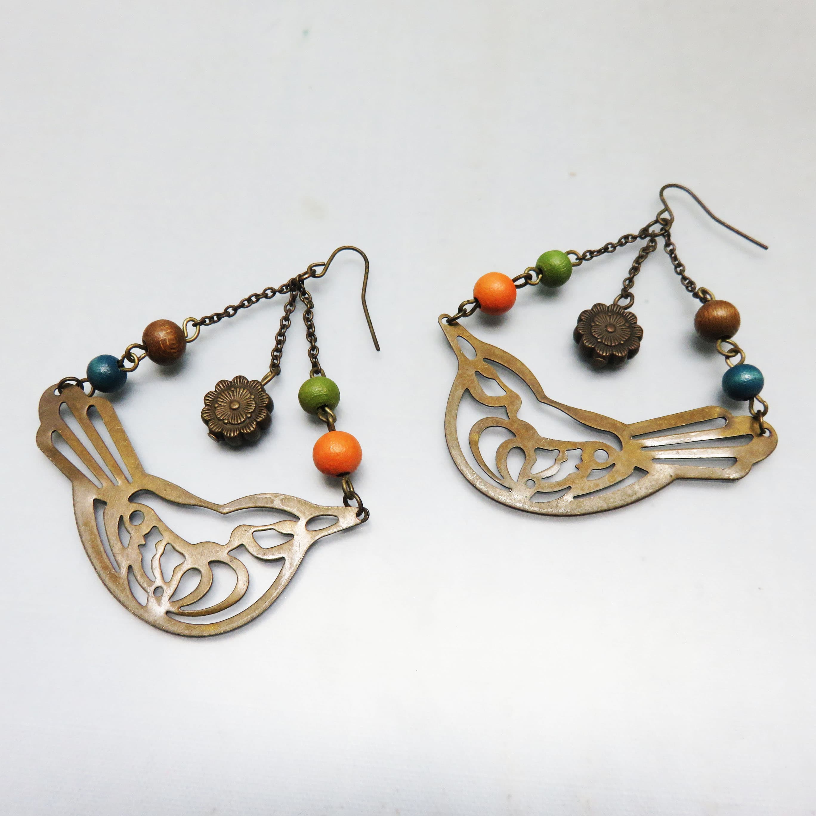 Bohemian Openwork Bird Earrings with Colorful Wooden Beads
