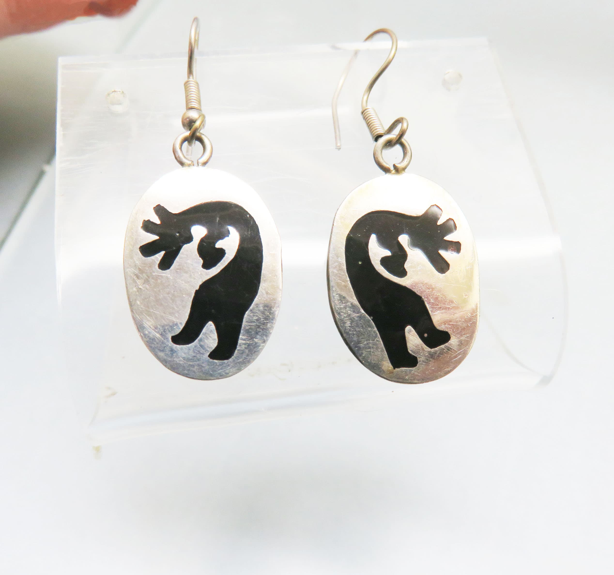 Mexican Alpaca Silver Kokopelli Enamel Earrings