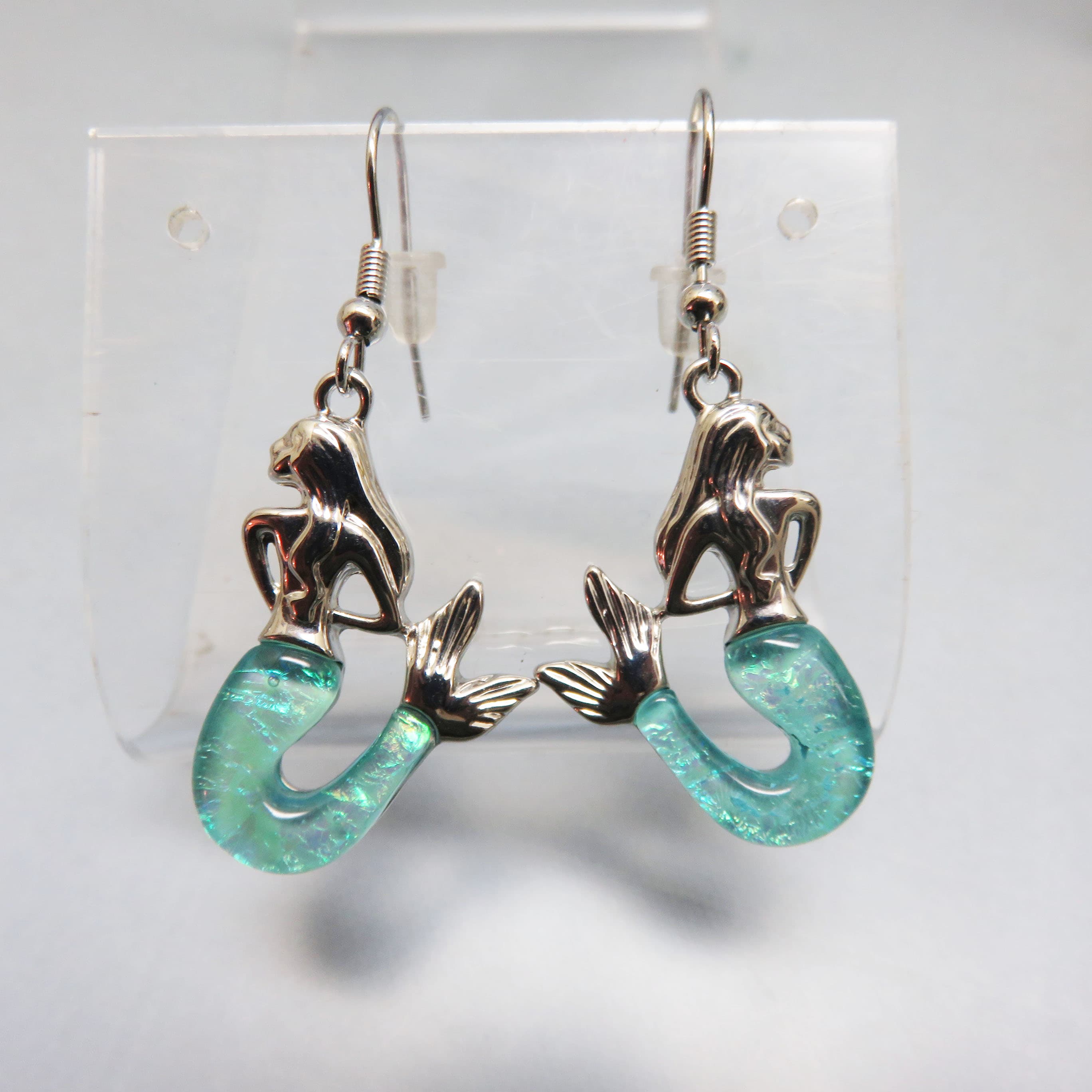 Silvertone Mermaid Earrings with Aqua Resin Tails