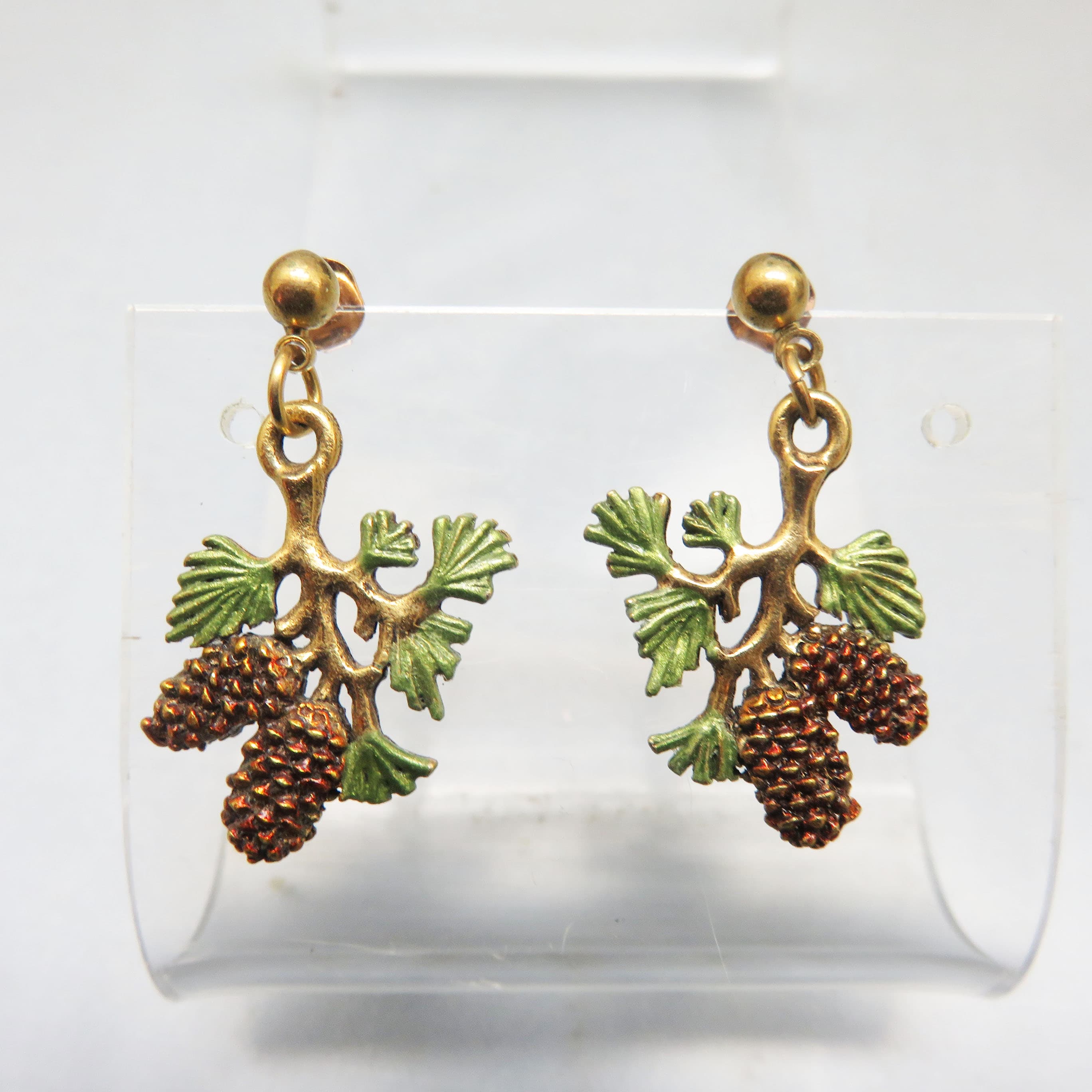 Hand-Painted Goldtone Pinecone Branch Earrings