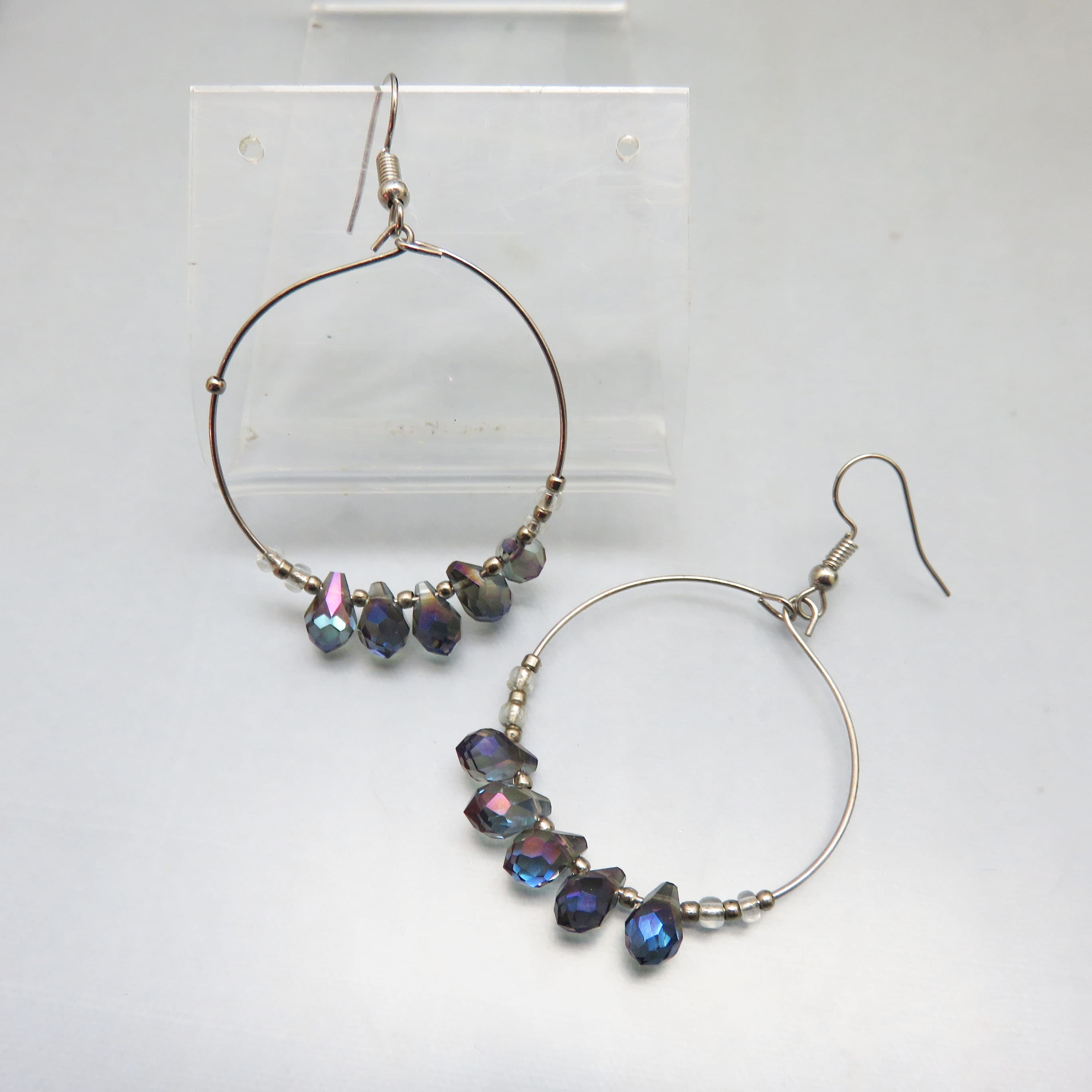 Aurora Borealis Briolette Silvertone Hoop Earrings