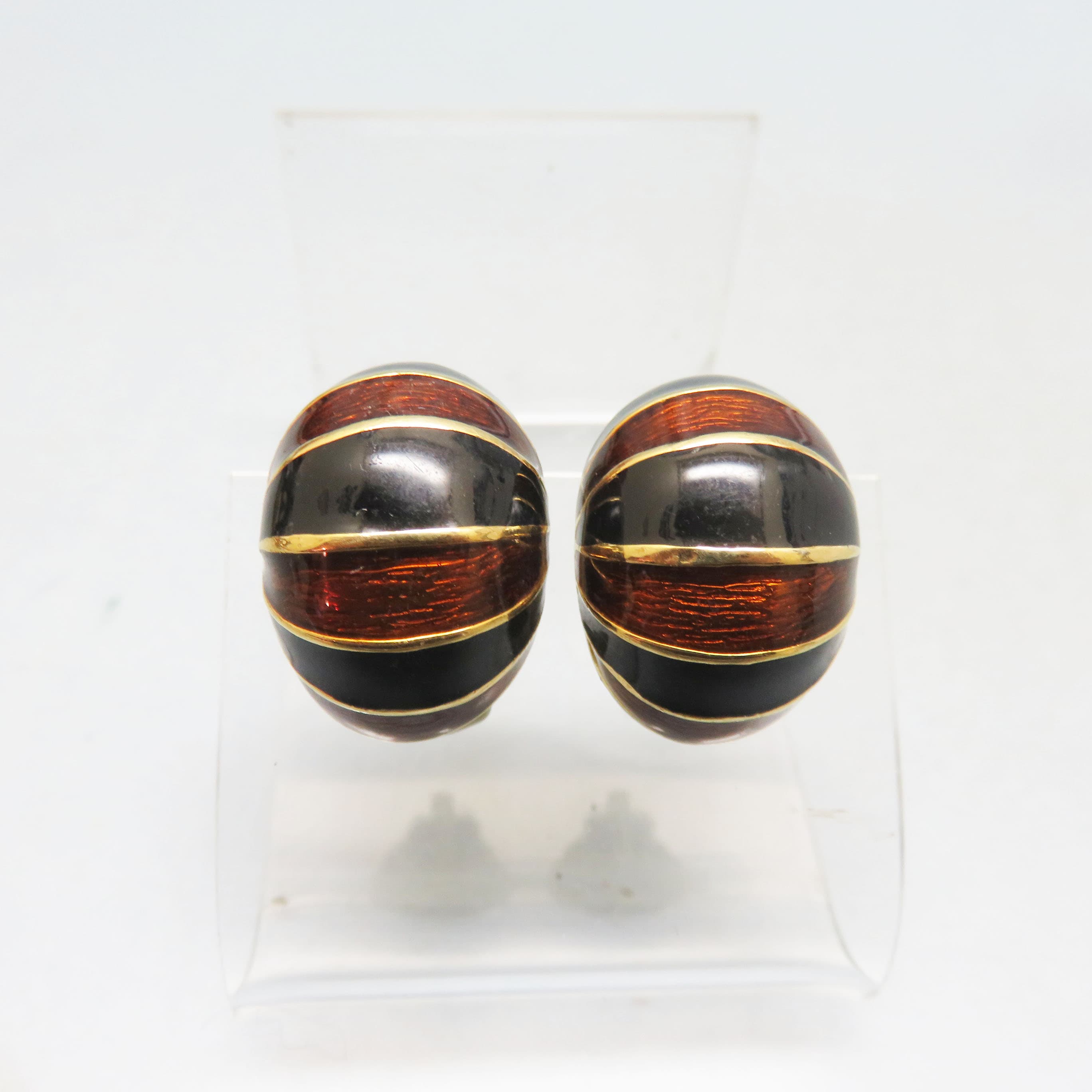Vintage CINER Black & Tortoiseshell Brown Enamel Padded Clip-On Earrings