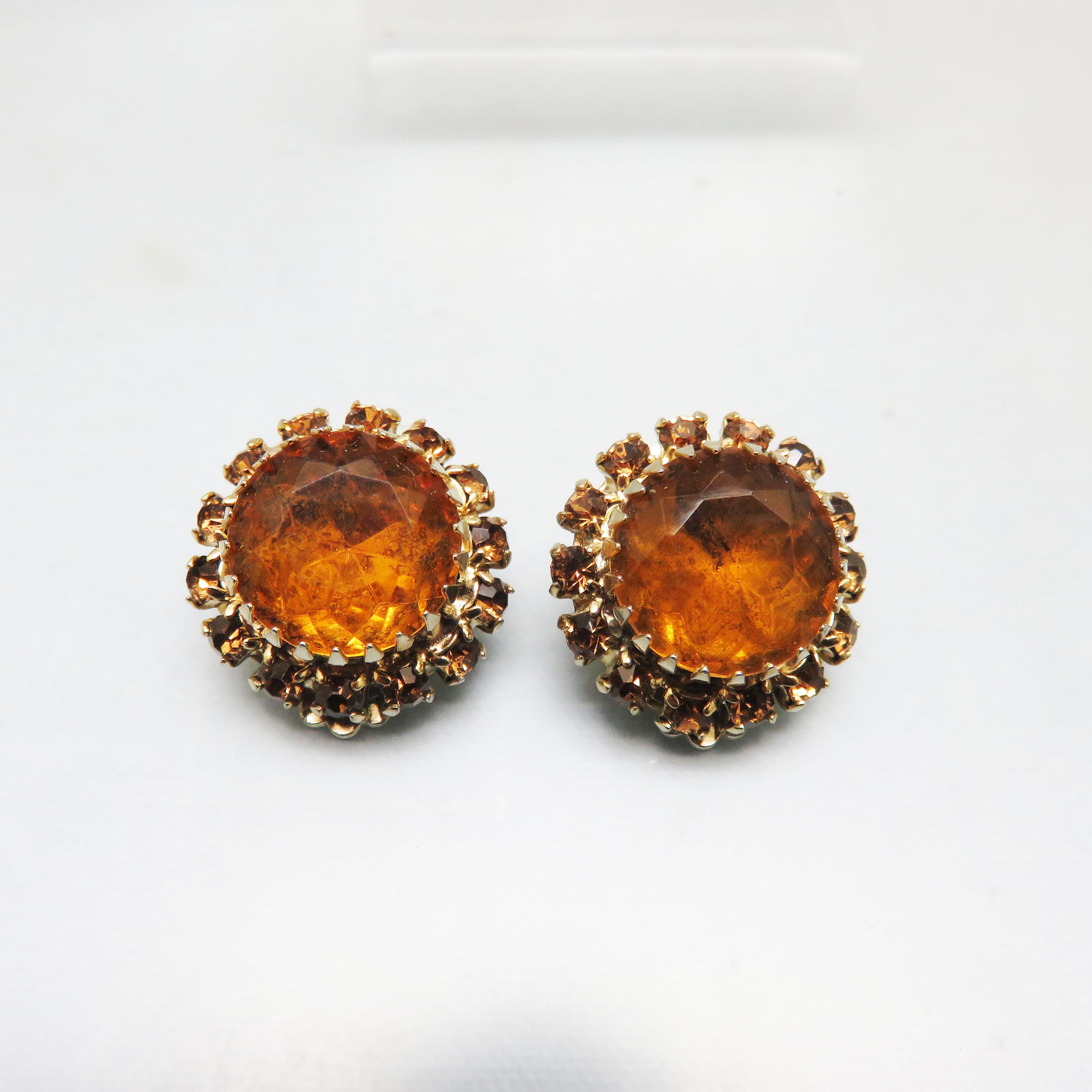 Golden Topaz Glass Rhinestone Halo Vintage Clip-On Earrings