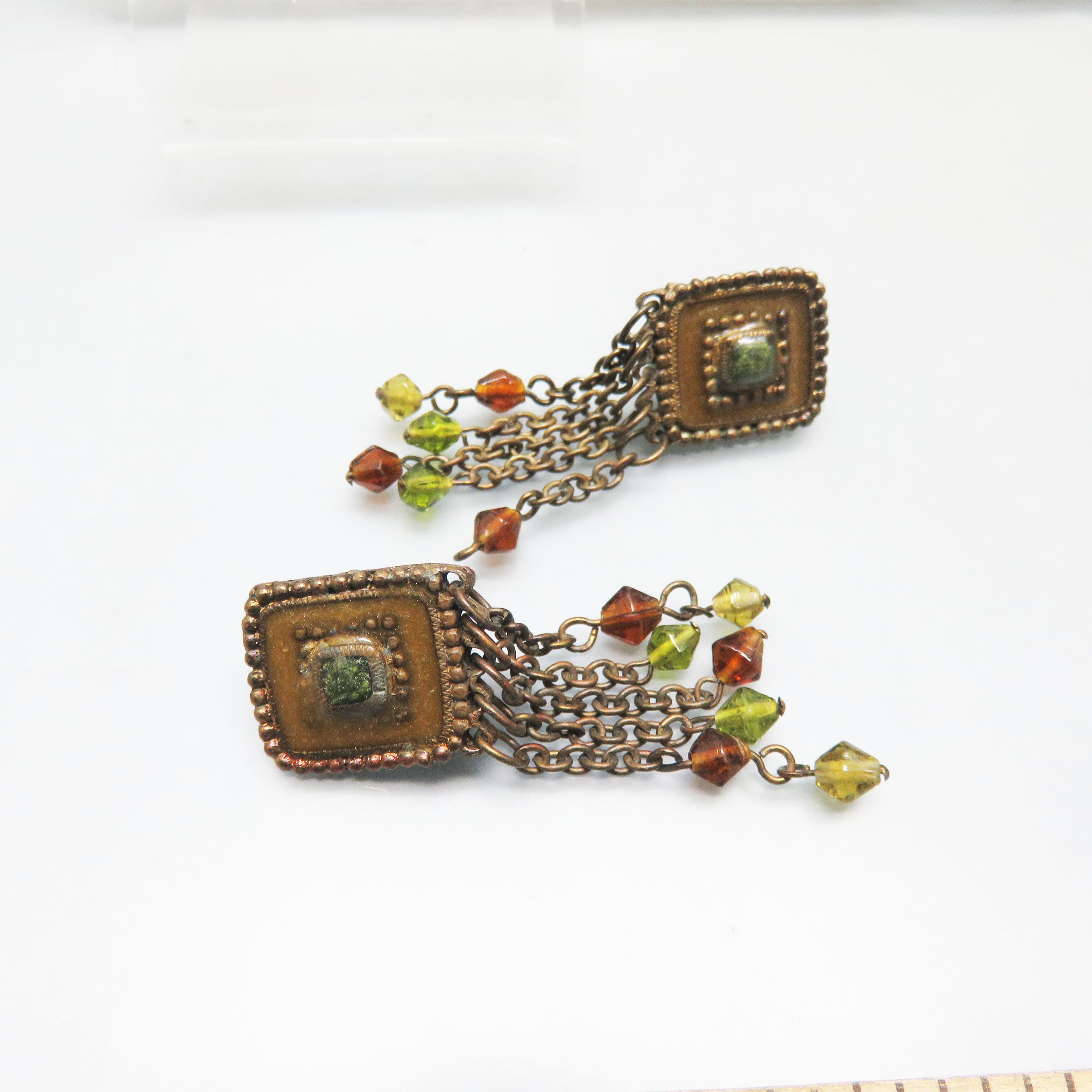 Bohemian Stone and Chain Tassel Vintage Clip-On Earrings