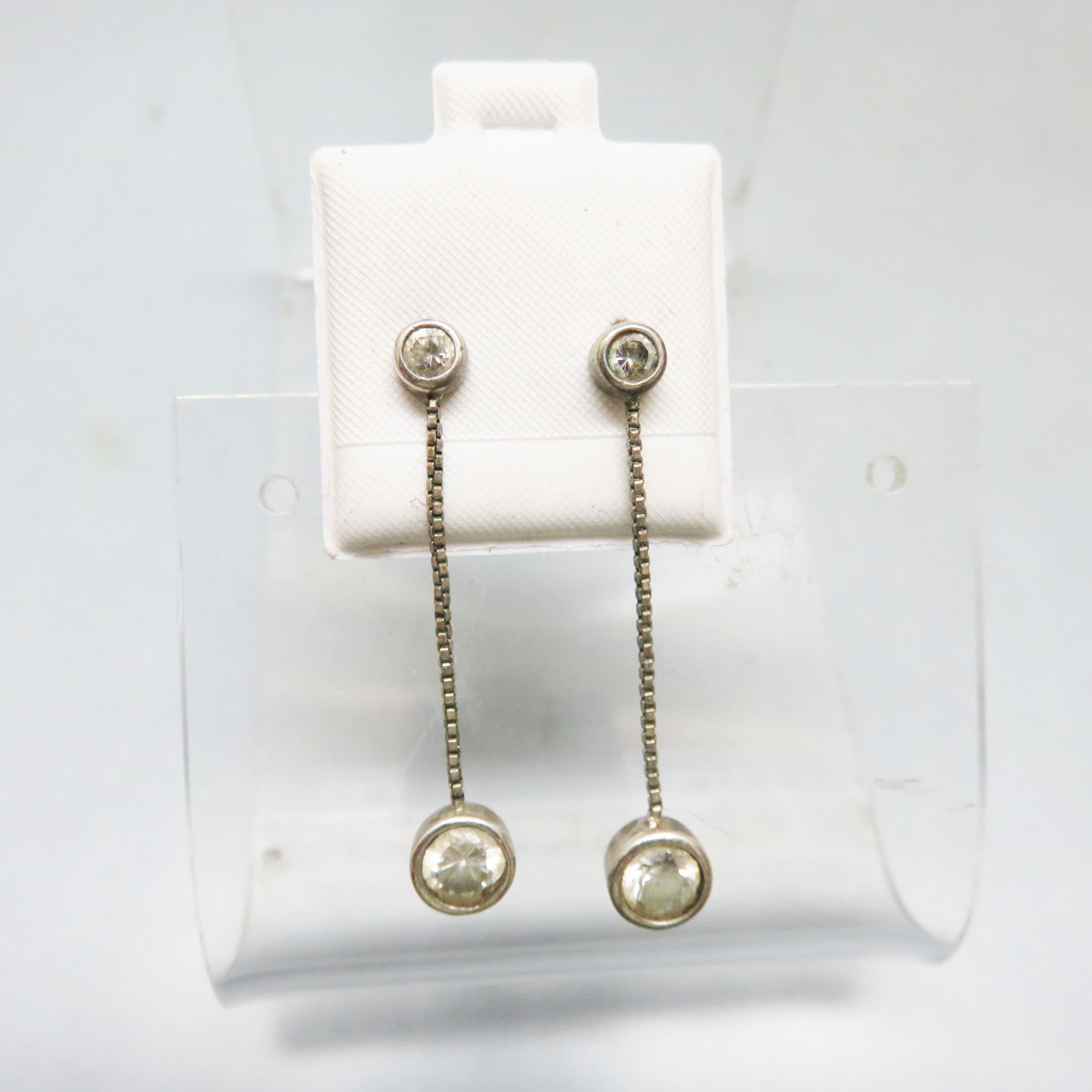 Sterling Silver CZ Double Bezel Chain Drop Earrings