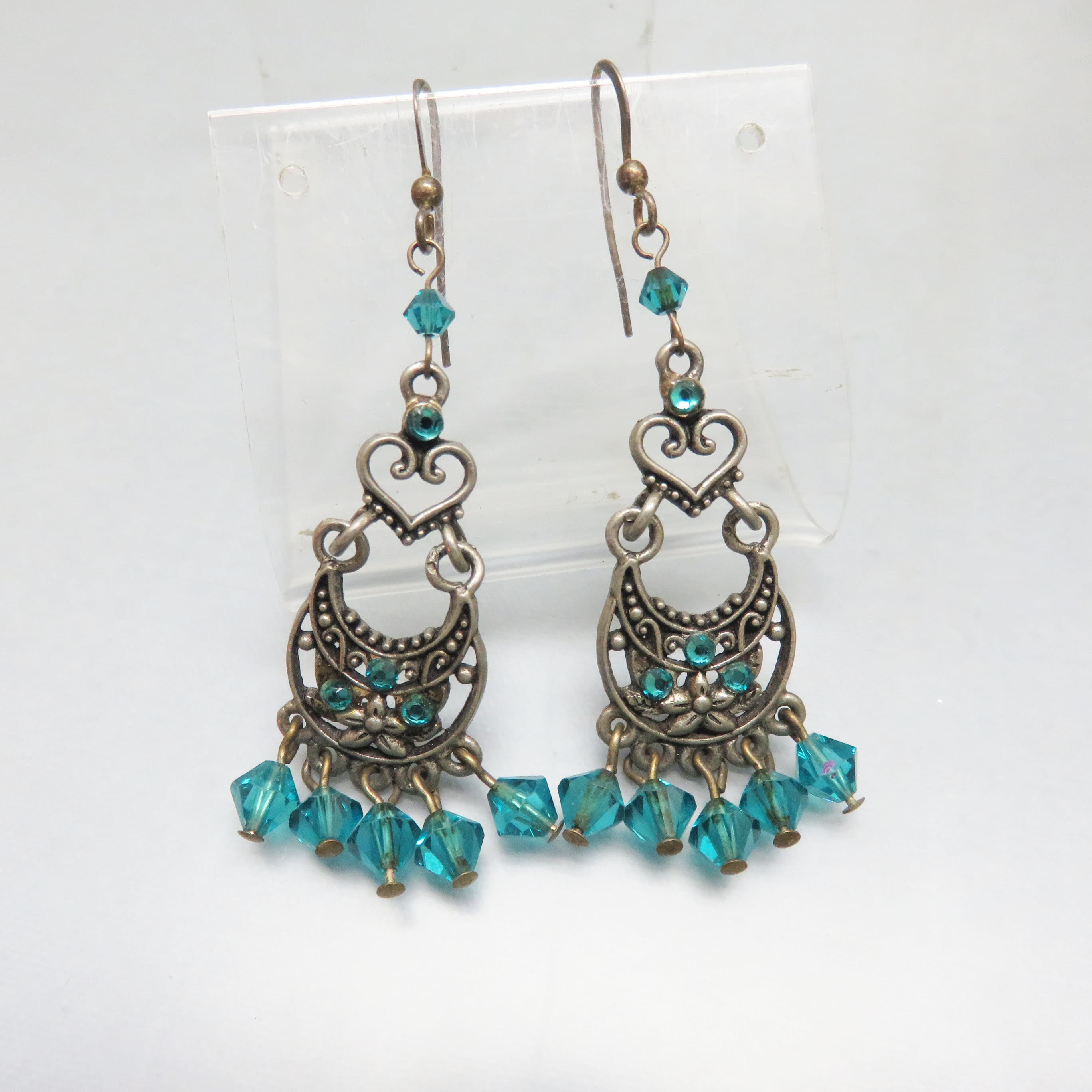 Dark Aqua Crystal Antiqued Silvertone Chandelier Earrings