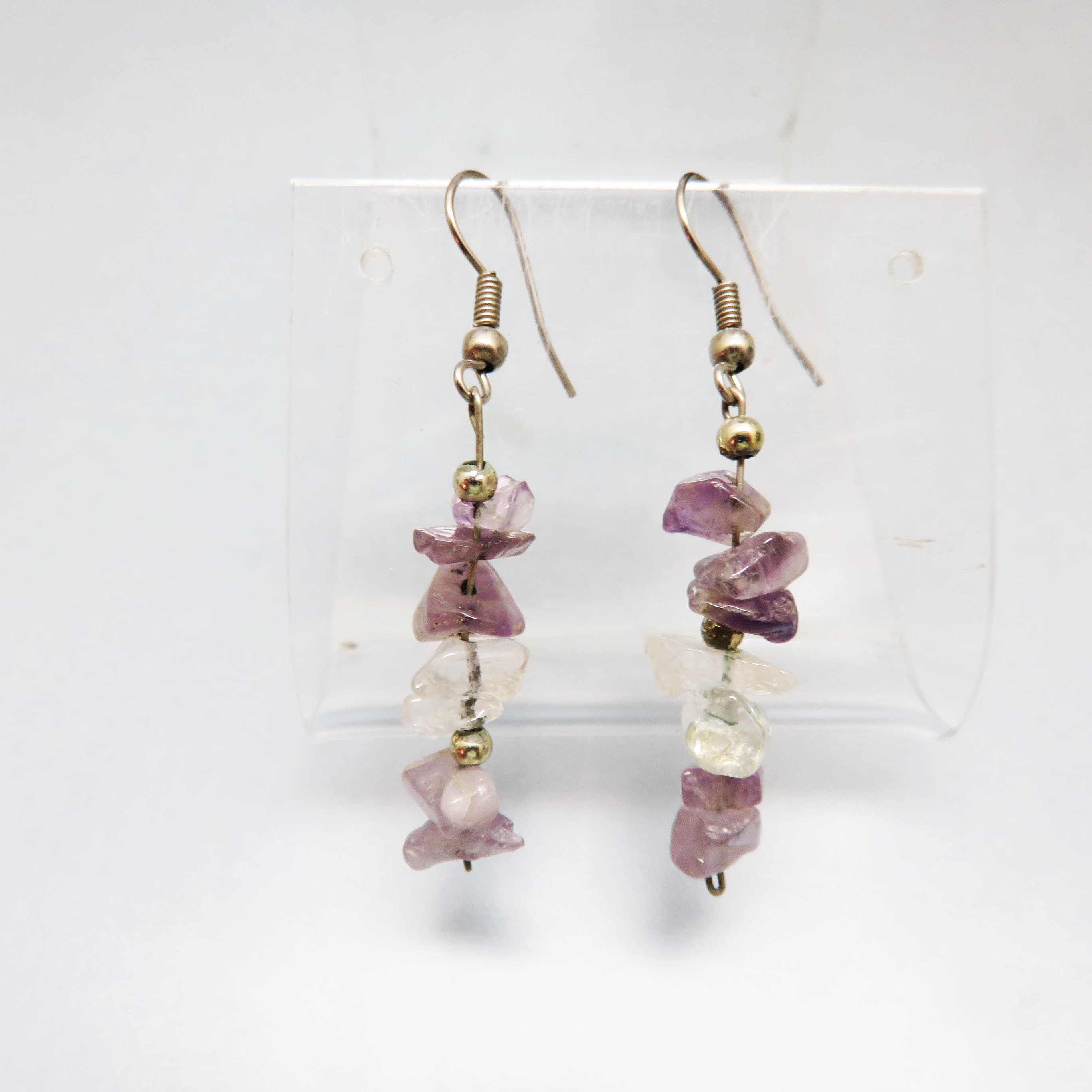 Amethyst and Clear Quartz Gemstone Chip Dangle Earrings