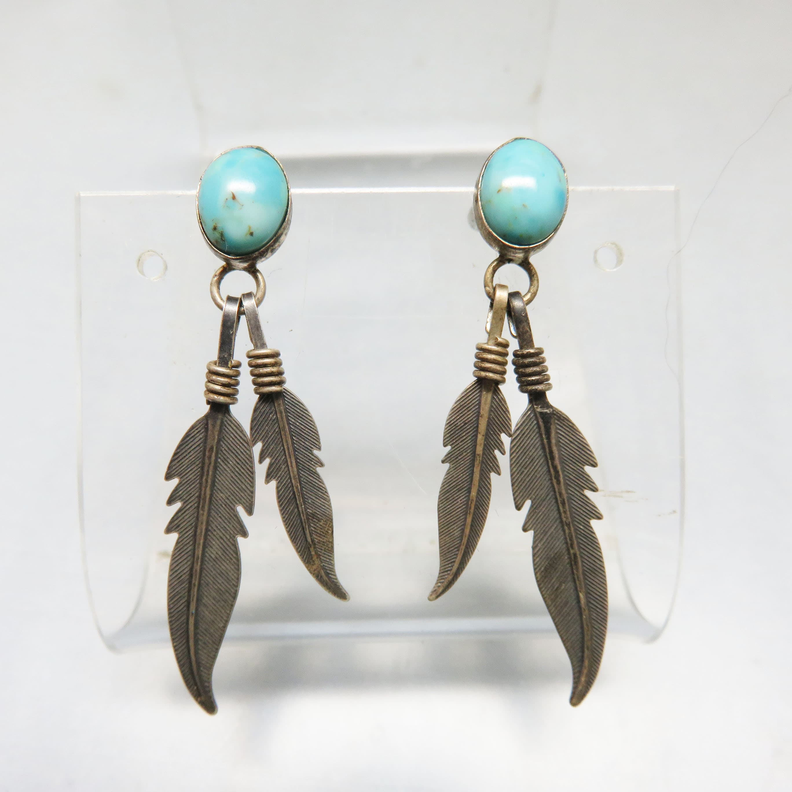 Sterling Silver Turquoise Double Feather Dangle Earrings