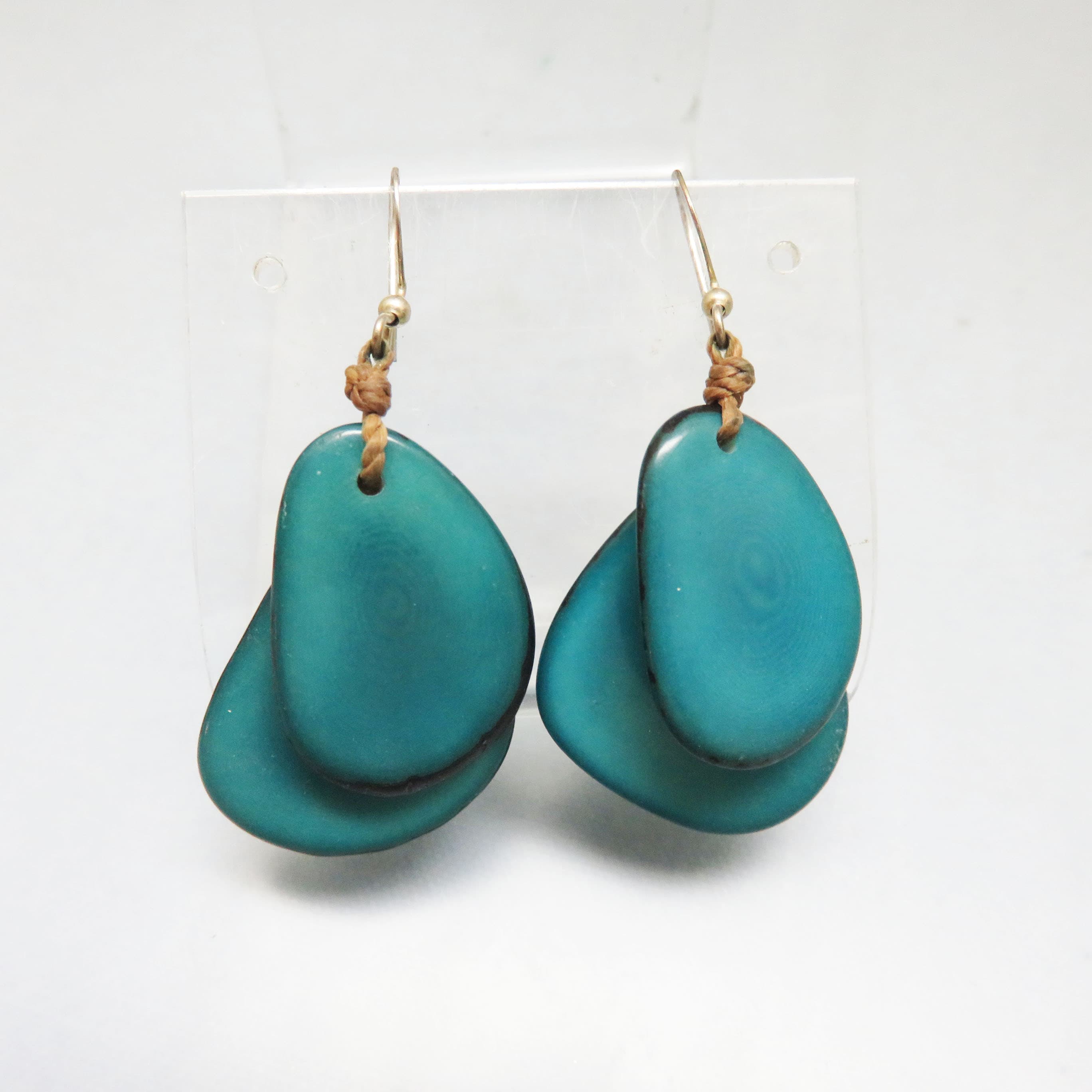 Dark Teal Layered Tagua Nut Dangle Earrings