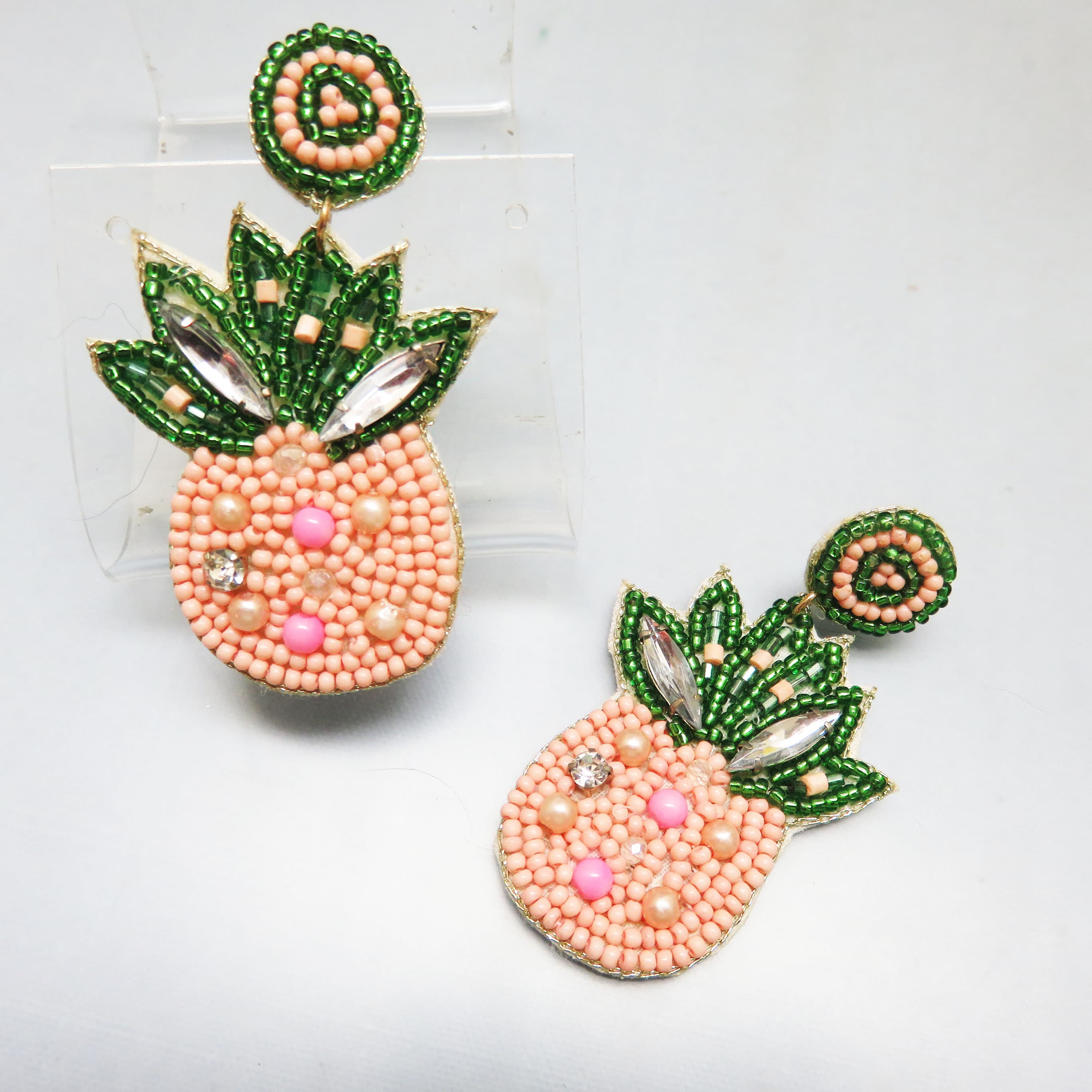 Pink Hand-Beaded Pineapple Rhinestone Statement Earrings