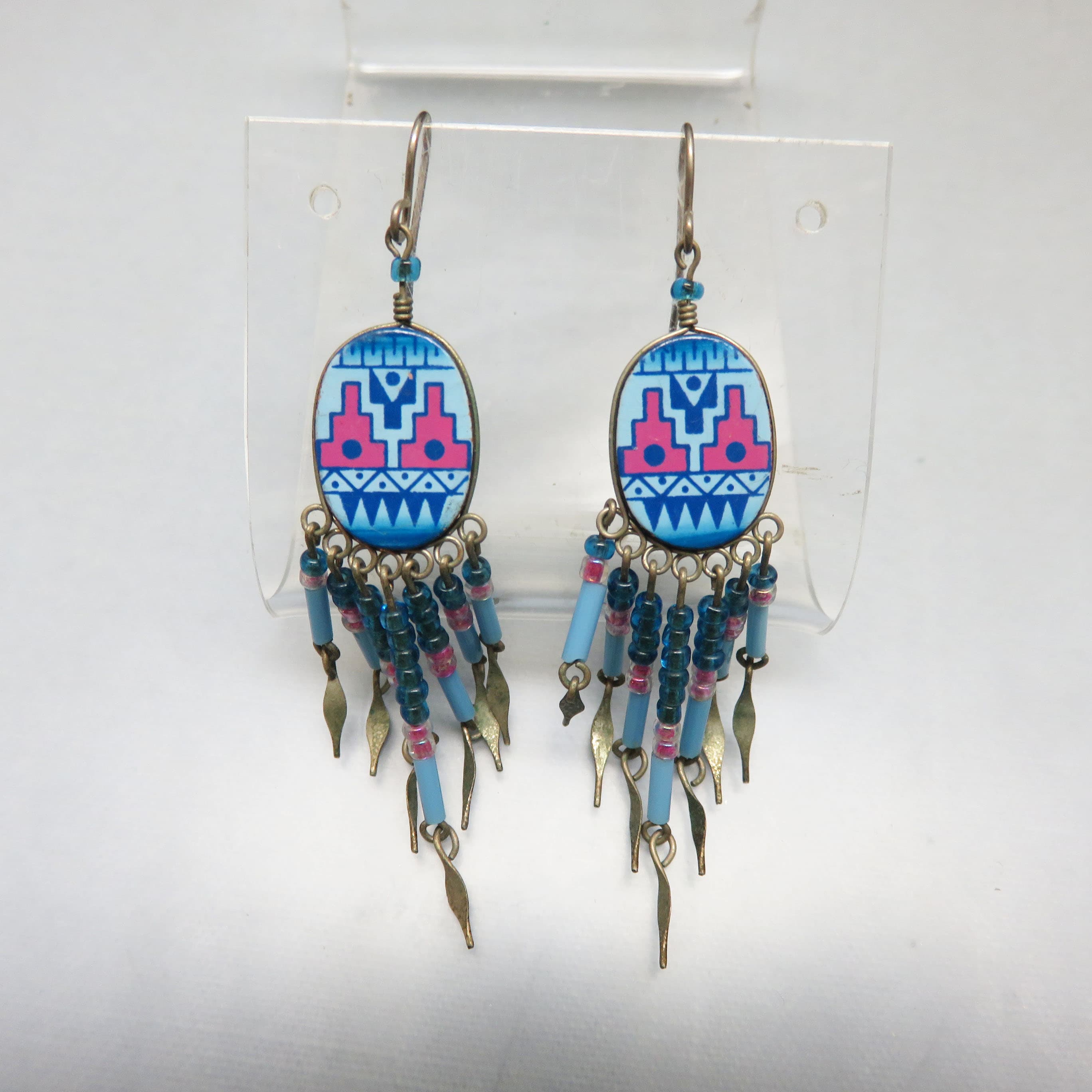 Southwestern Style Blue and Pink Beaded Fringe Earrings