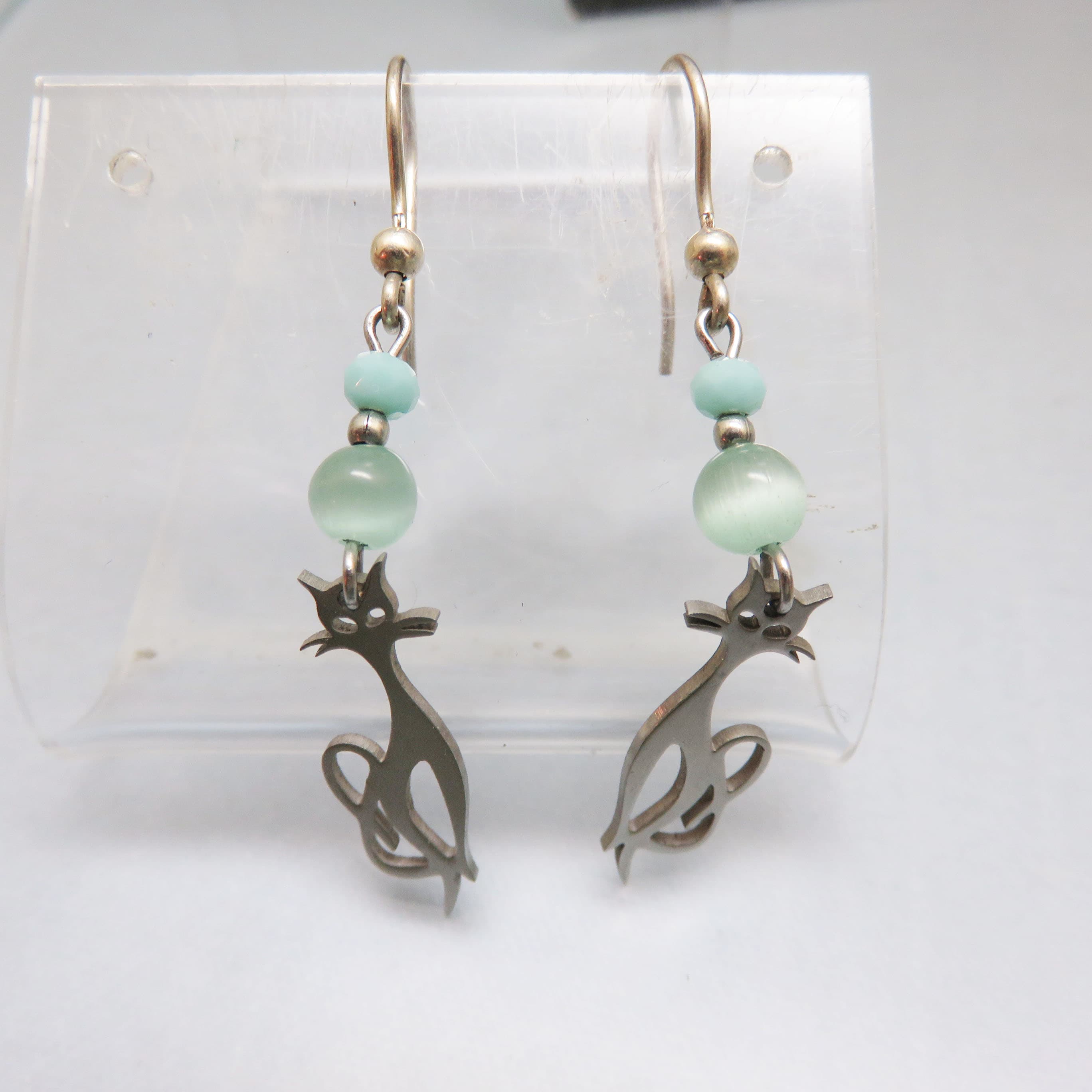 Sterling Silver Cat and Blue Green Cat’s-Eye Glass Earrings