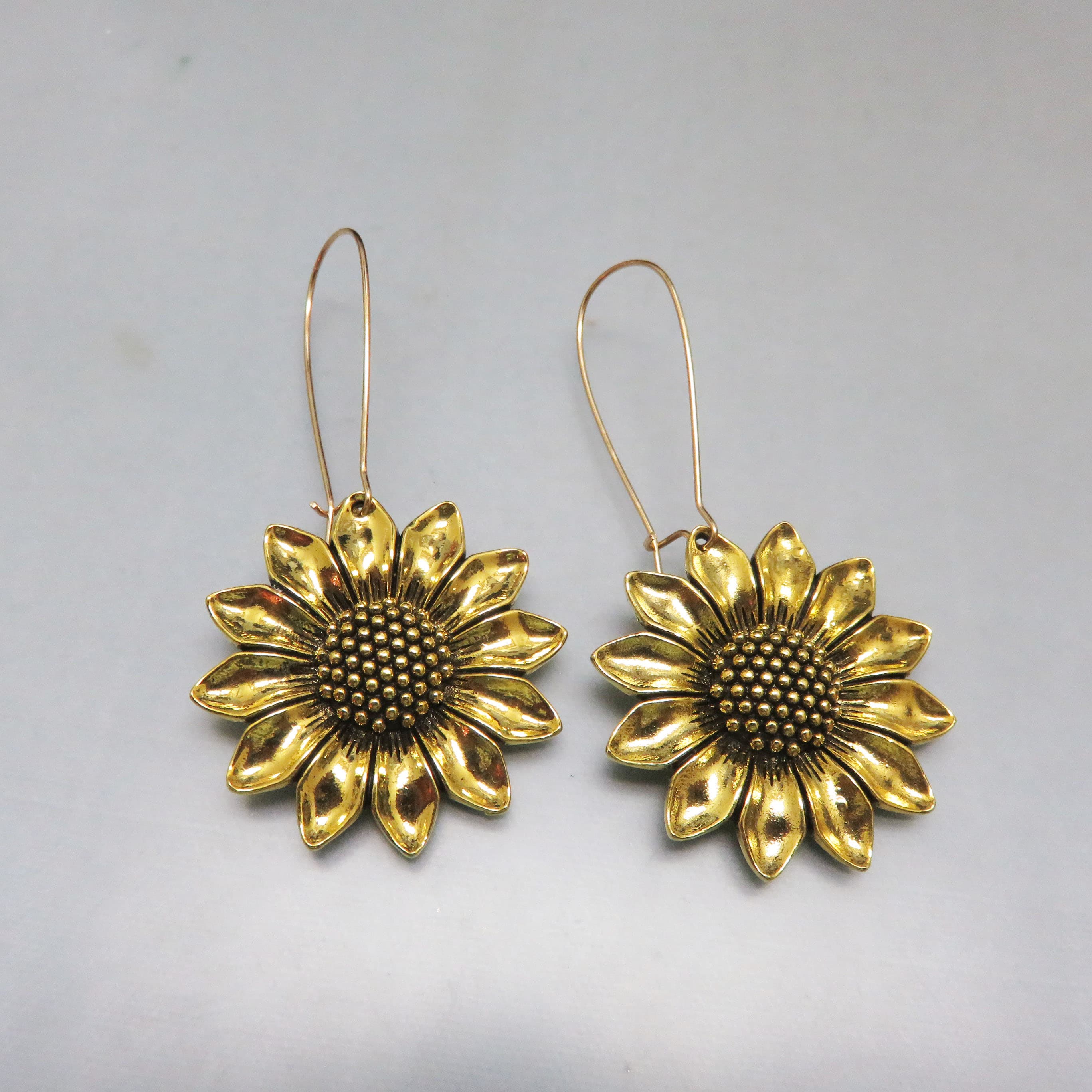 Large Golden Sunflower Kidney-Wire Statement Earrings