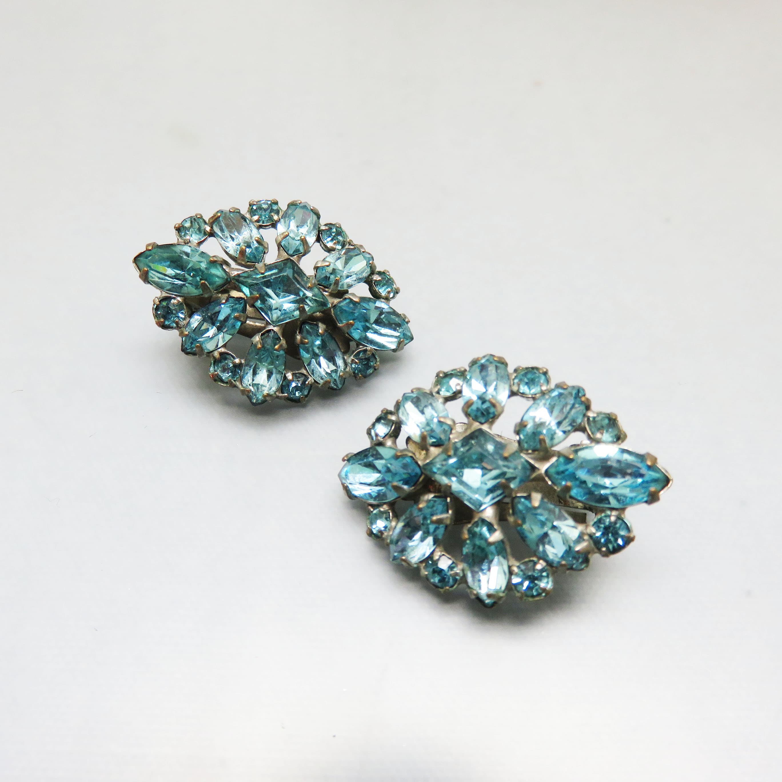Vintage Aqua Rhinestone Cluster Clip Earrings