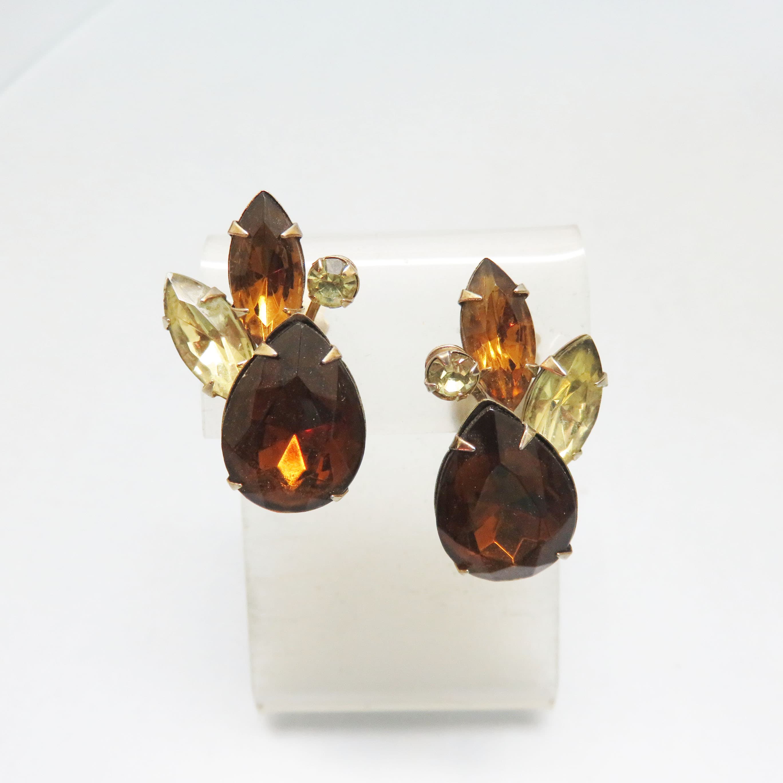 Vintage Smoky Brown and Golden Rhinestone Clip Earrings