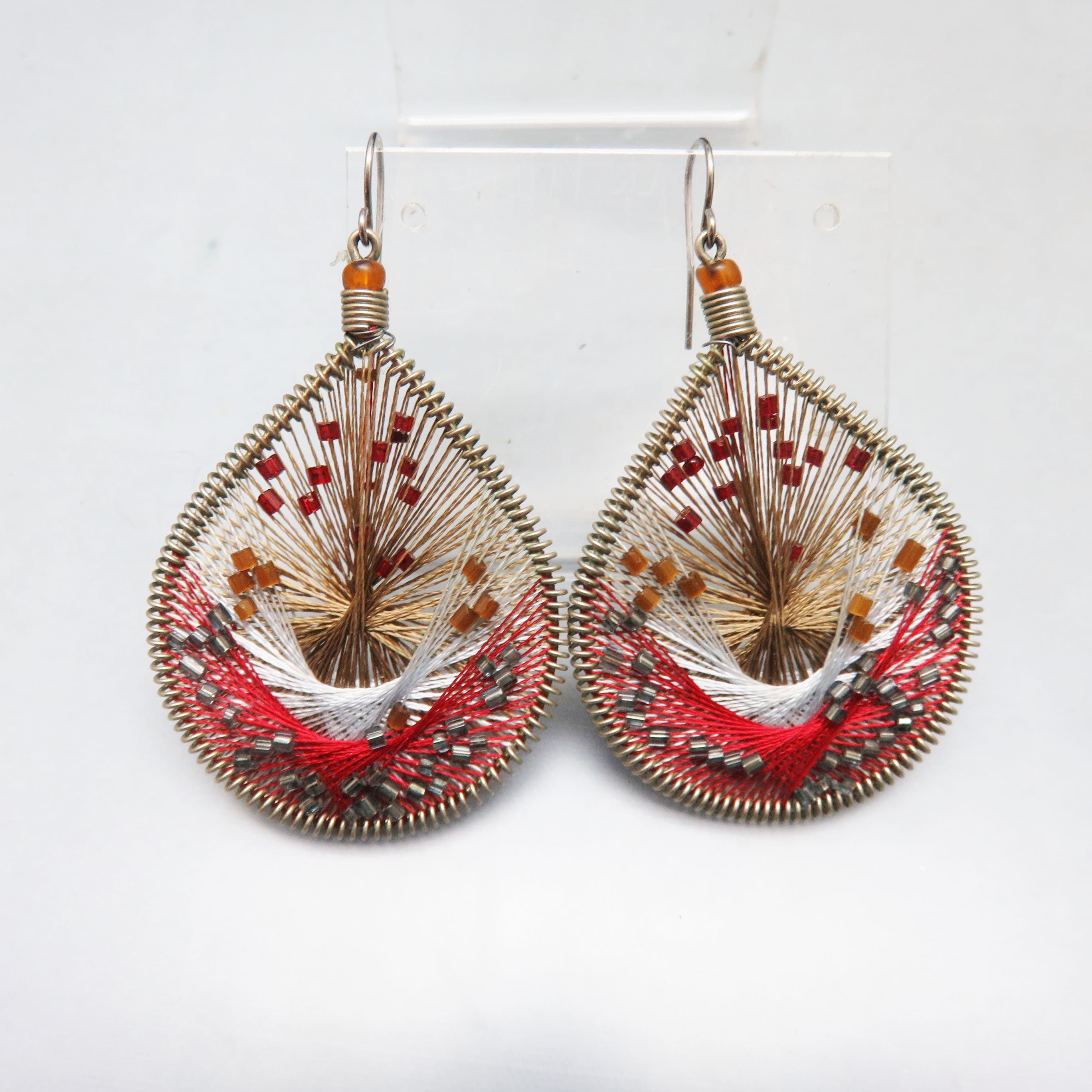 Sculptural String Art and Beaded Teardrop Pierced Earrings