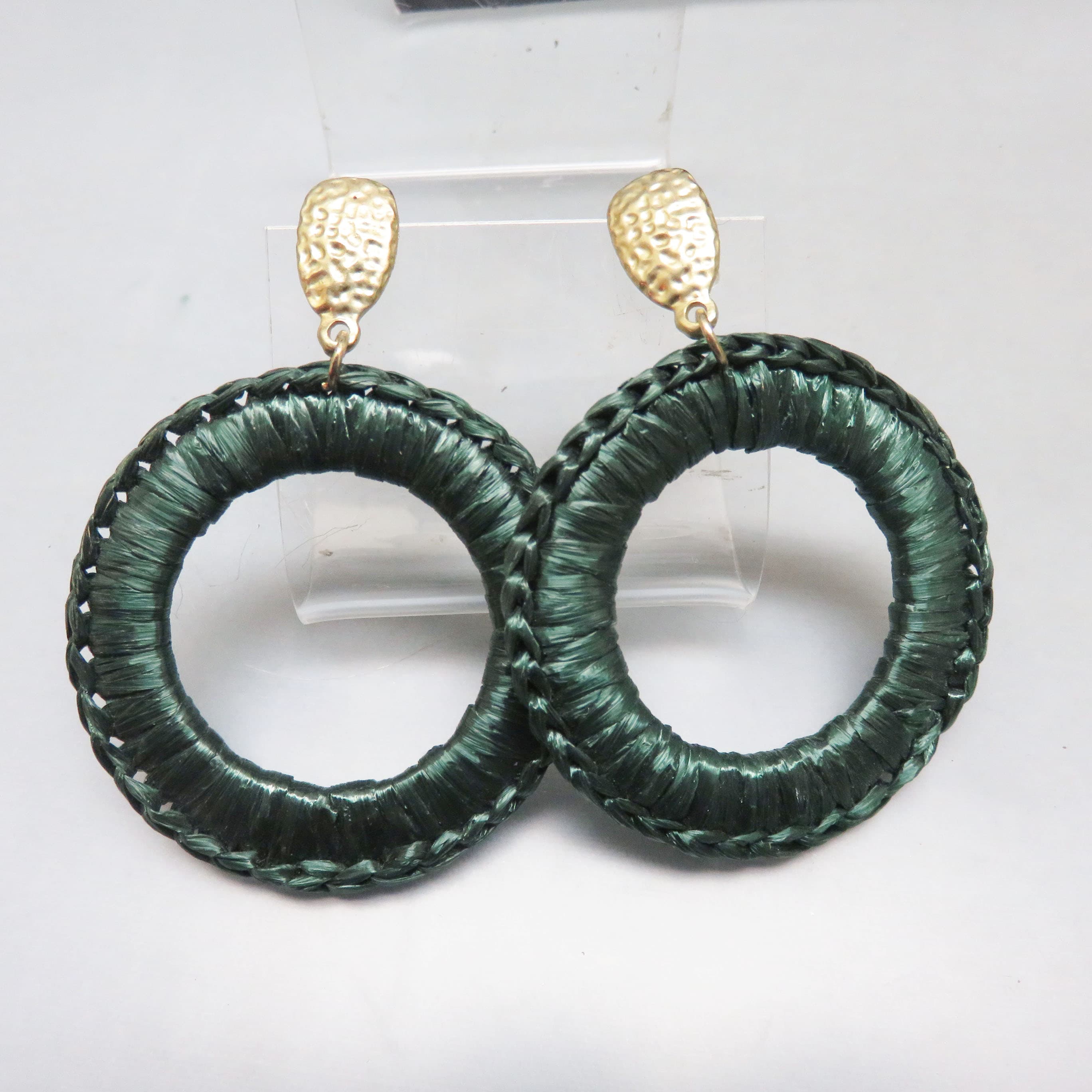 Forest Green Raffia Wrapped Statement Hoop Earrings