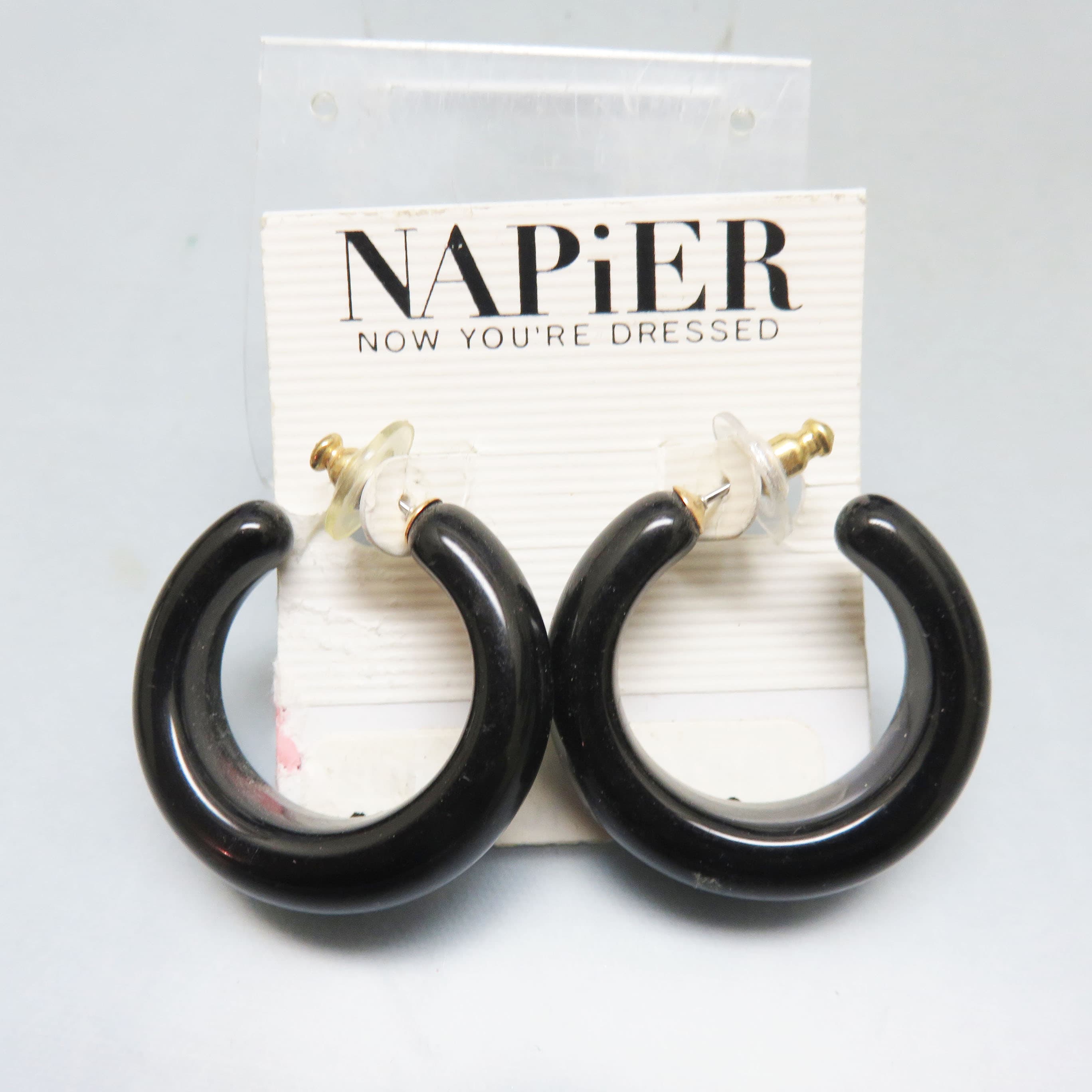 Vintage Napier Black Lucite Hoop Earrings on Original Card