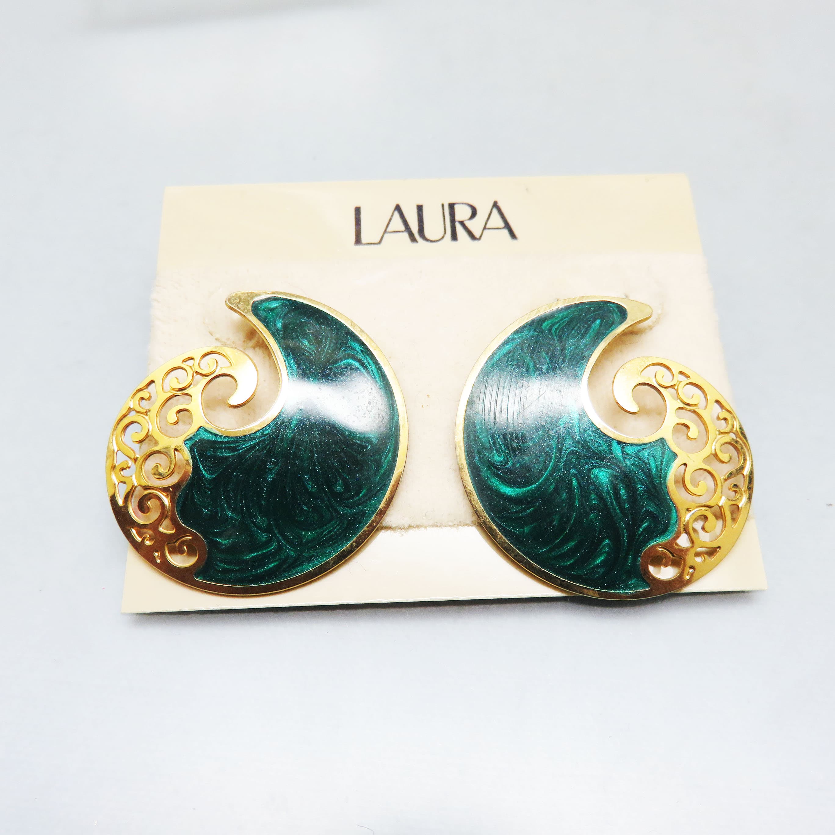 Vintage Laura Emerald Green Enamel Scrollwork Earrings